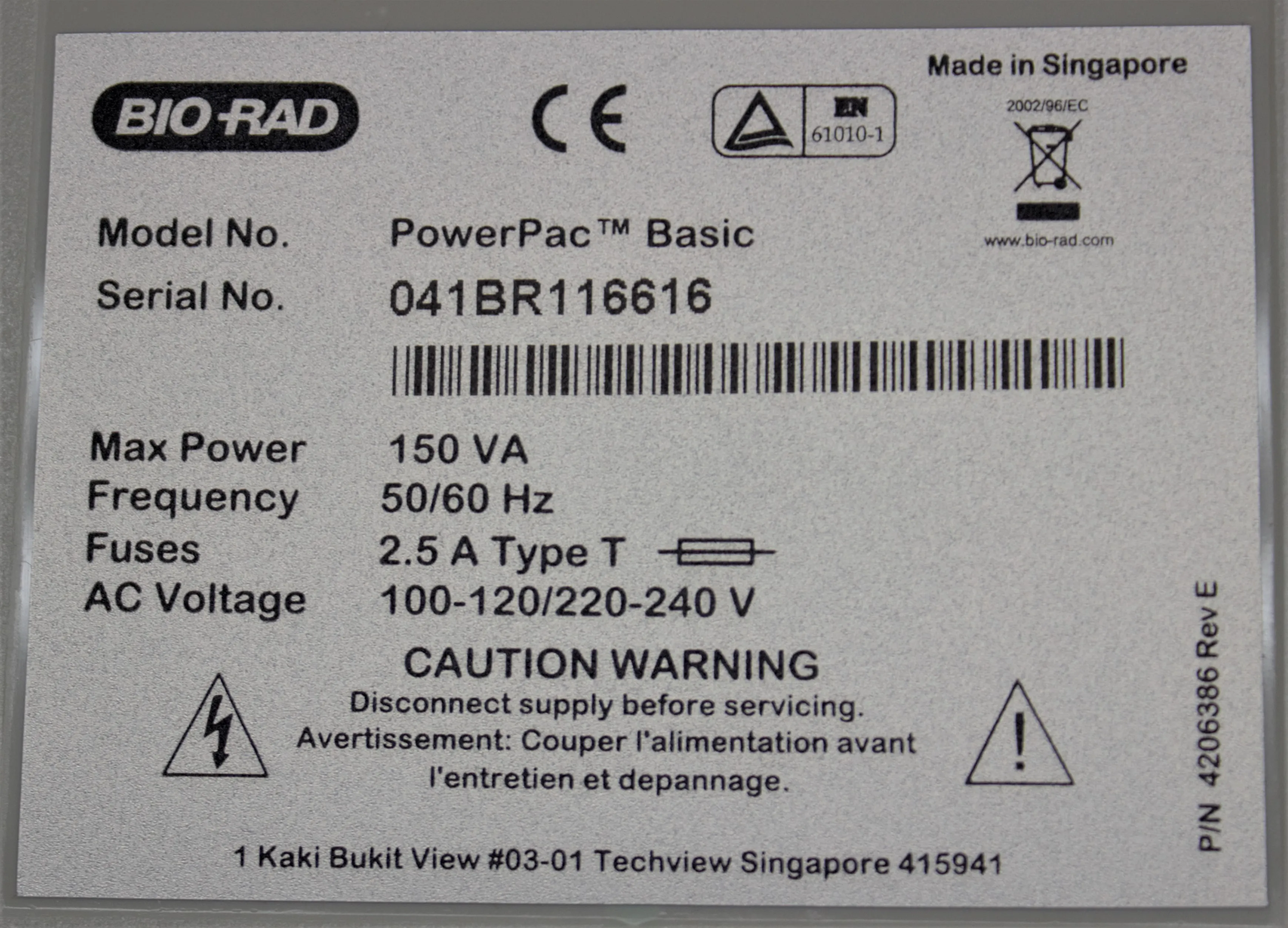 Bio-Rad PowerPac Basic Power Supply 041BR116616 Fully Programmable Compact Stackable