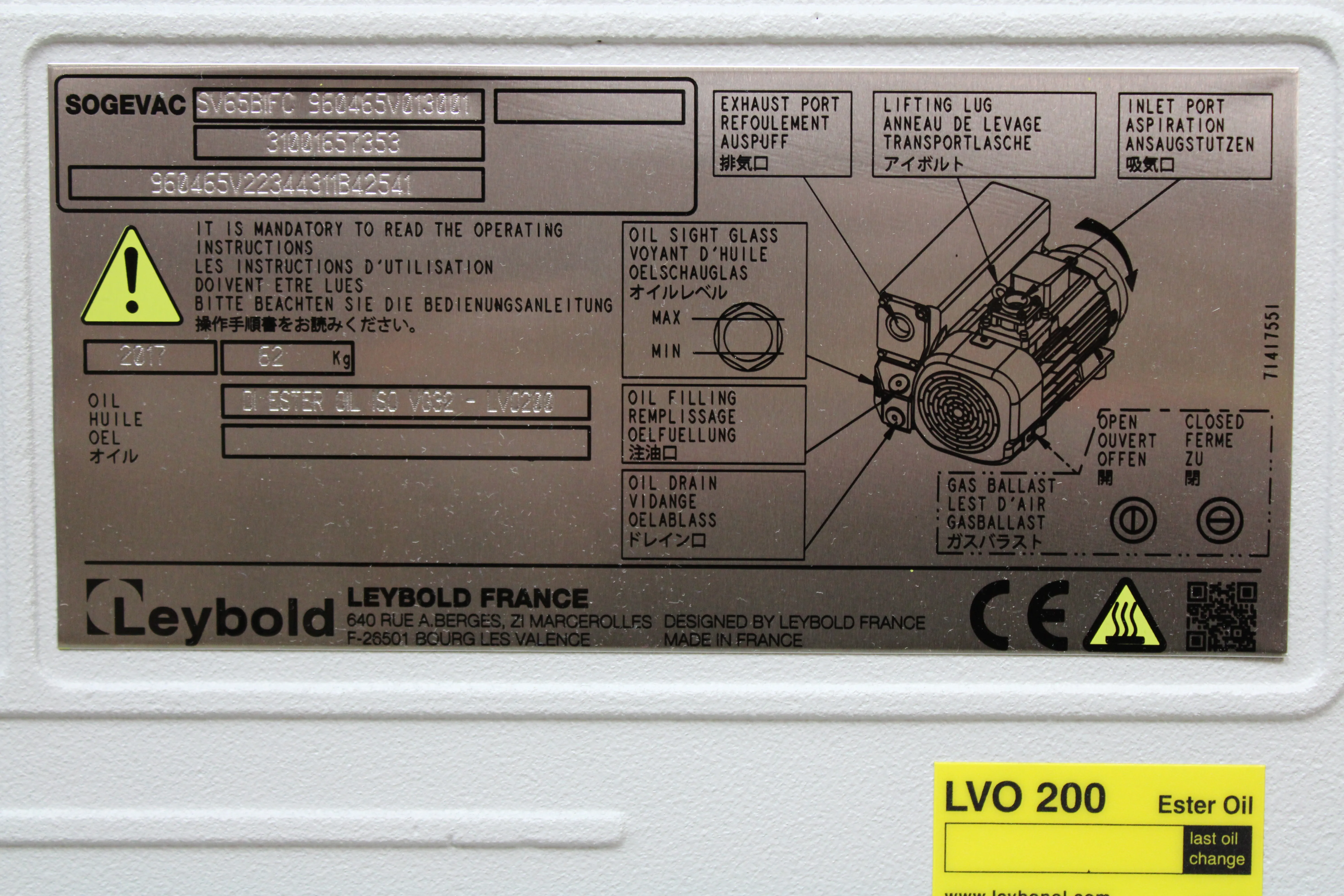 Leybold SOGEVAC SV65 BI FC Oil Sealed Vacuum Pump 960465V013001