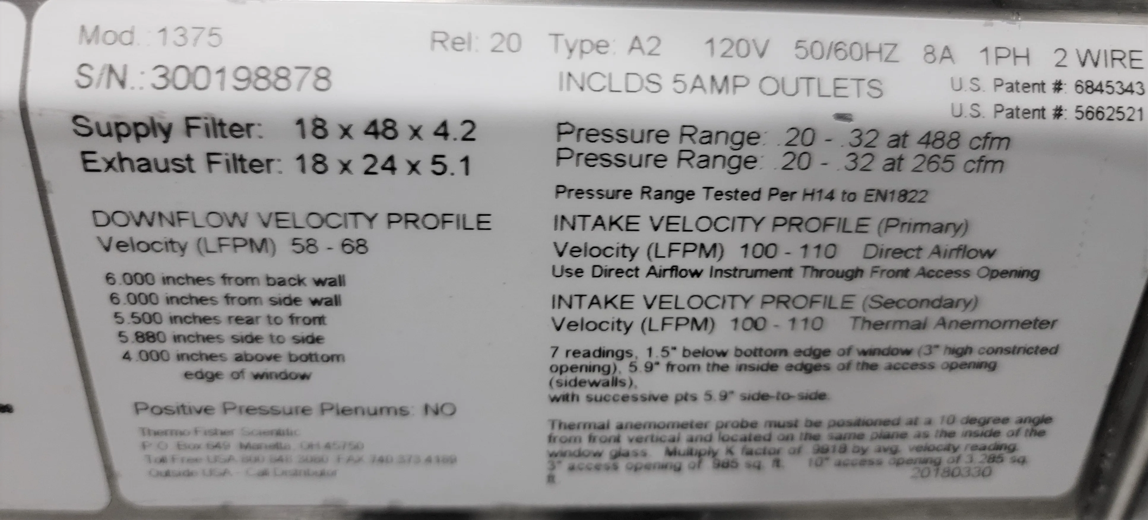 Thermo Scientific 1375 4 Foot Class II Type A2 Biological Safety Cabinet