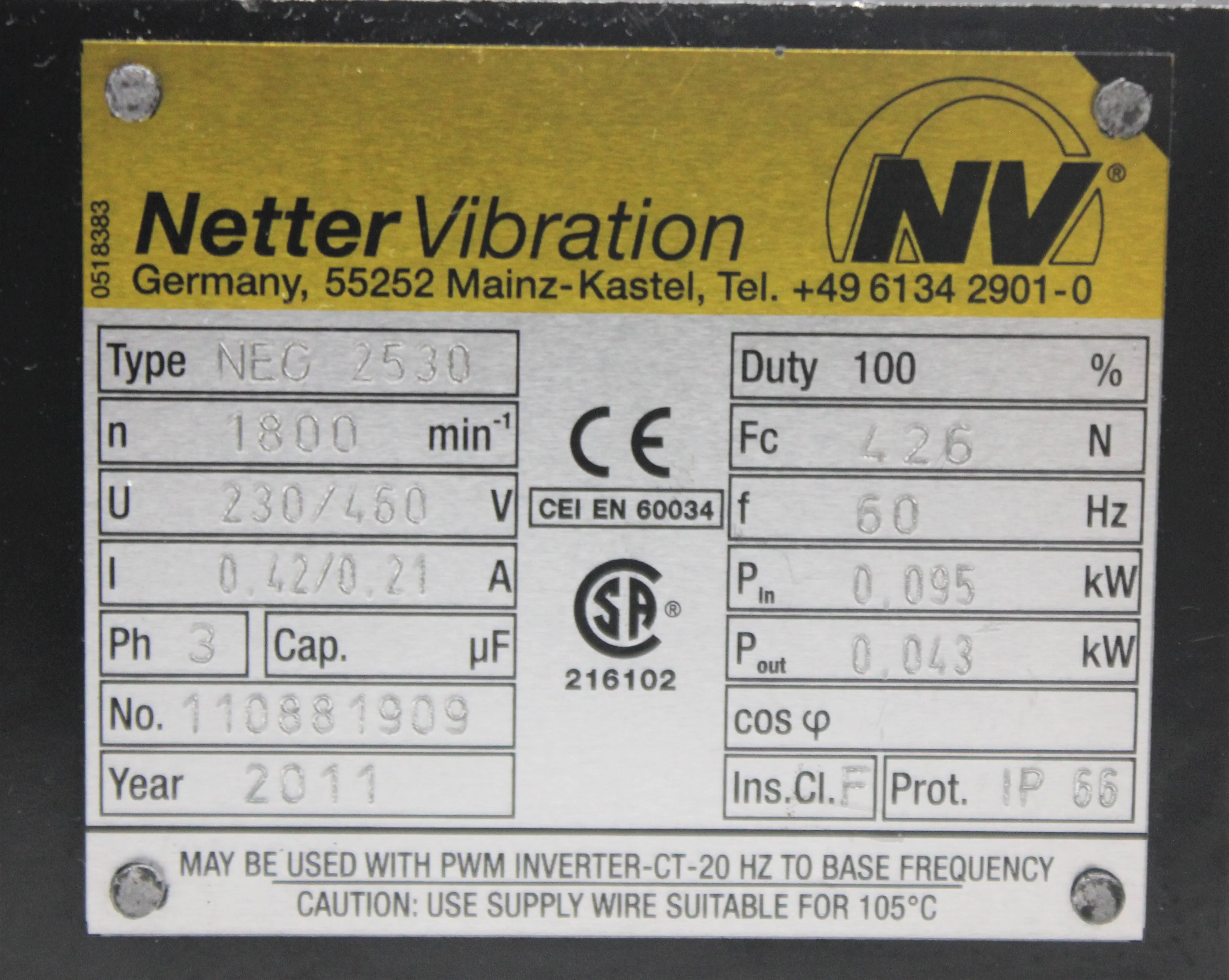 Martin Vibration System Solutions Electric External Vibrators - Model NEG2530