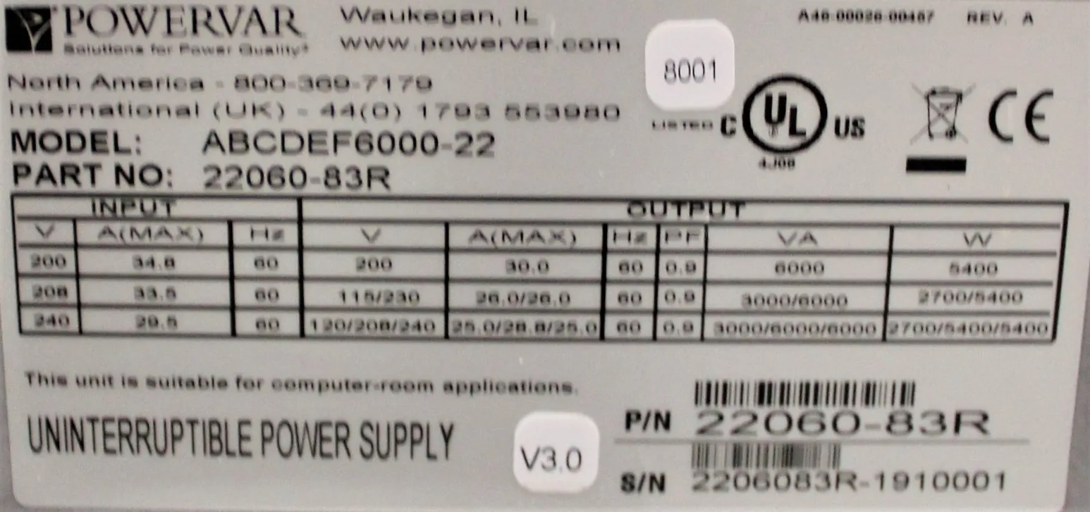 Used Powervar ABCDEF6000-22 220V 60Hz US Power Supply - UPS with 30-Day Warranty