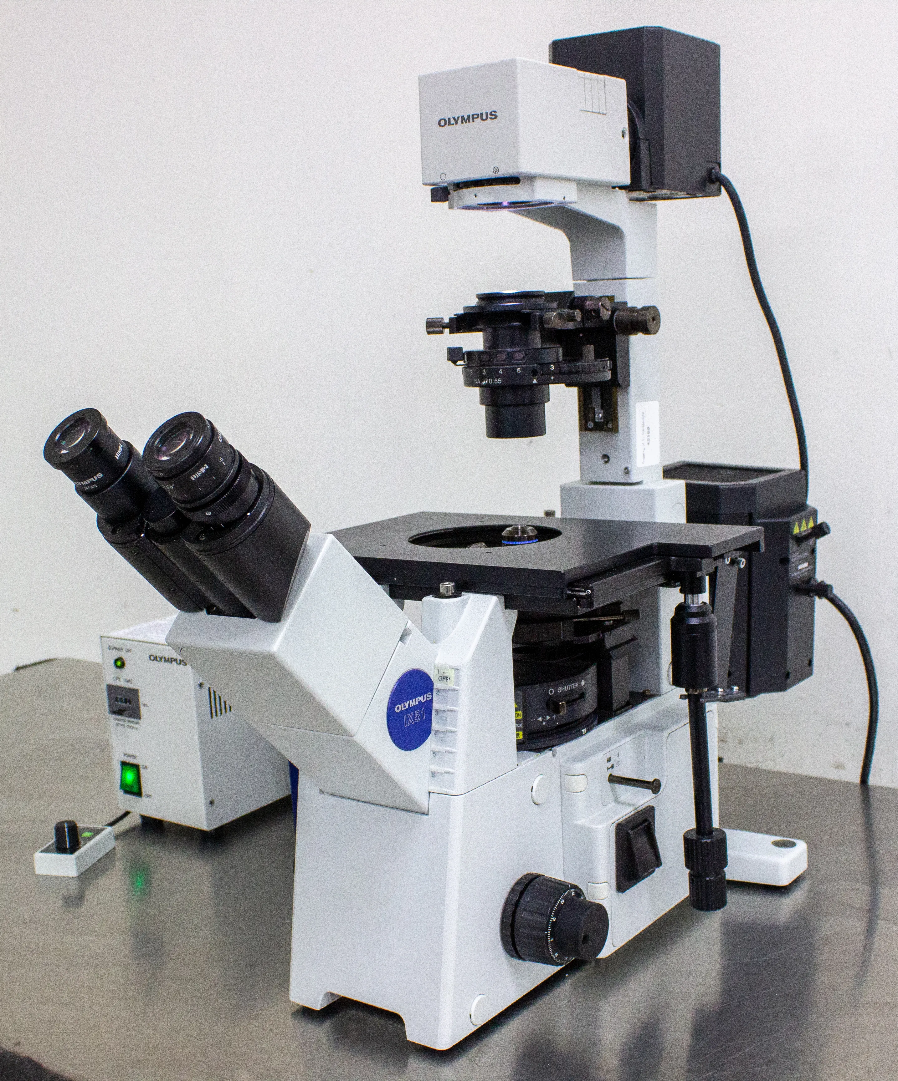 Olympus IX51 Inverted Fluorescence Microscope IX2-ILL100 with TH4-100 External Power Supply and BH2-RFL-T3 Power Supply for Mercury Burner