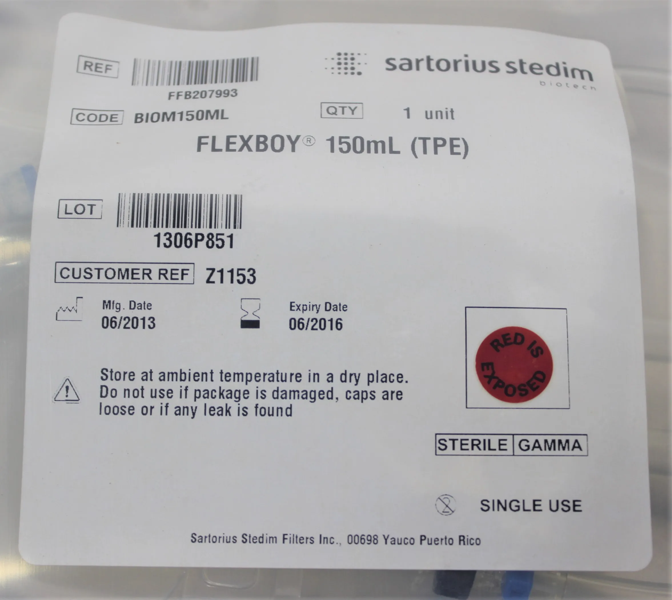 Sartorius Flexboy 150mL TPE BIOM150ML Single Use Mixer for Bioprocessing