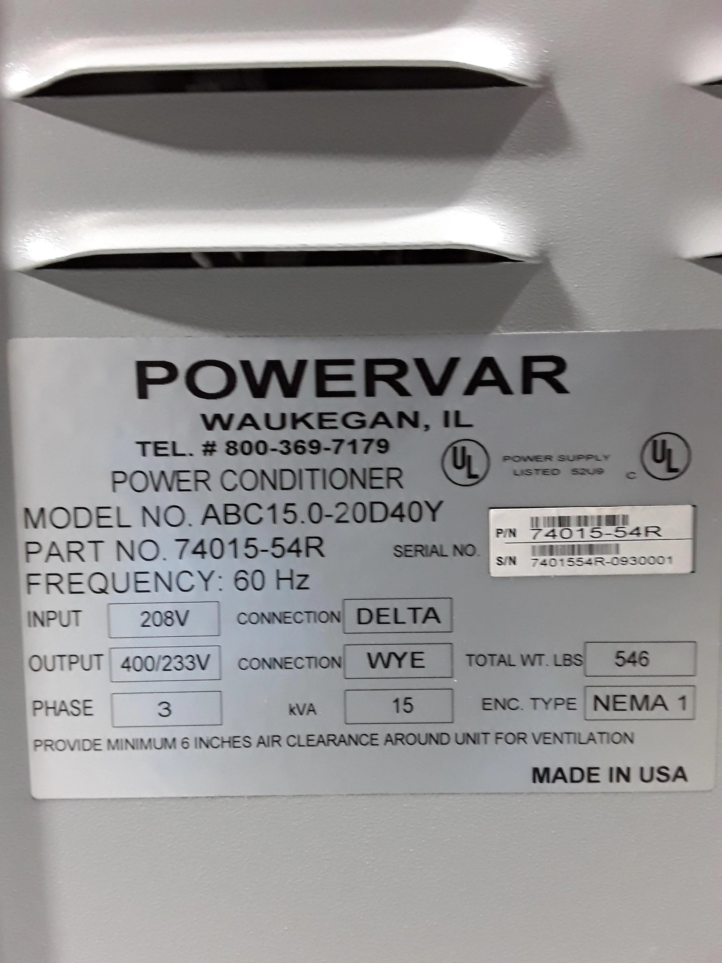 Used Powervar ABC15.0-20D40Y Power Conditioner Series 2000 GPI 30-Day Warranty, 100% Parts and Labor