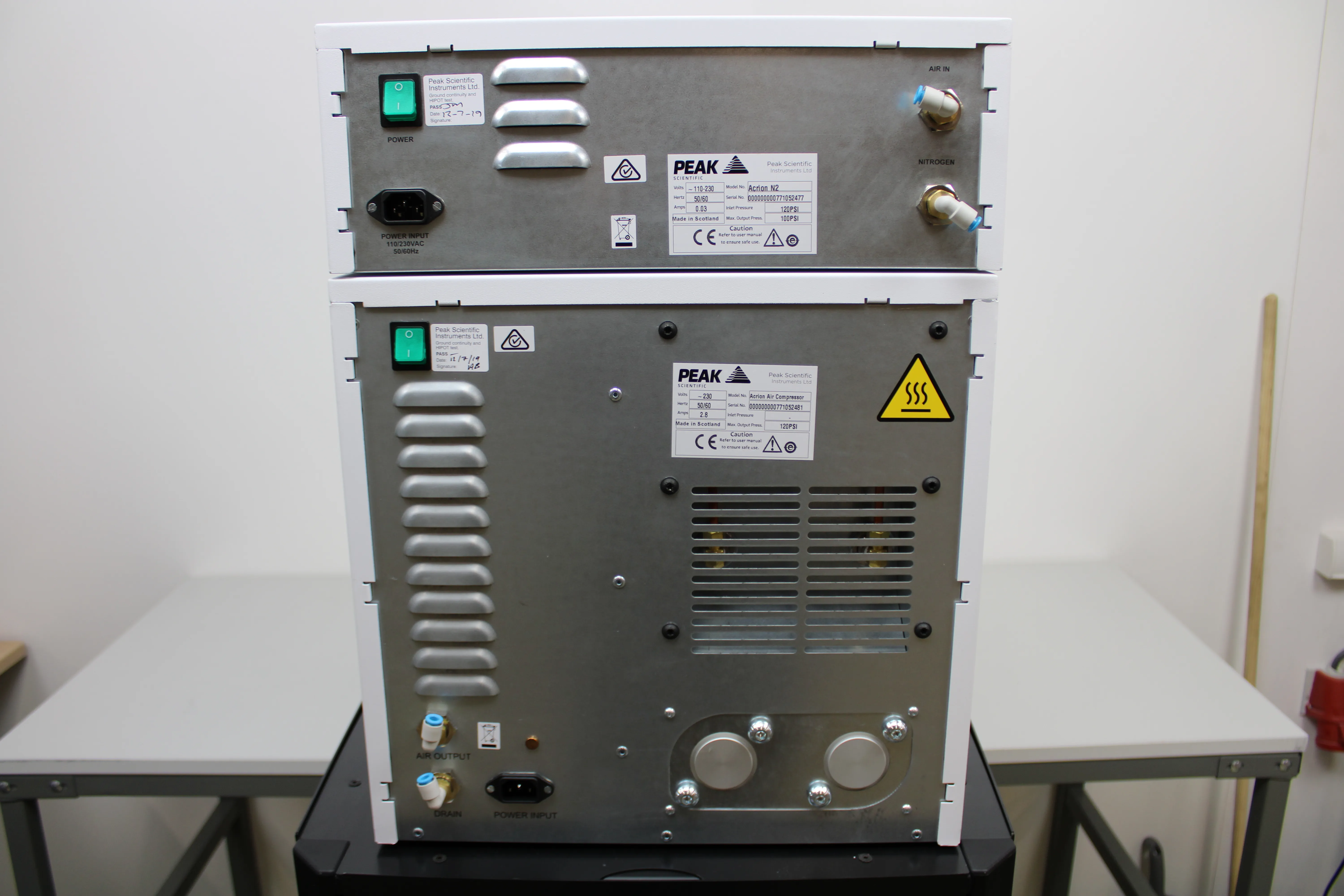 Used Peak Scientific Acrion N2 Nitrogen Generator & Acrion Air Compressor