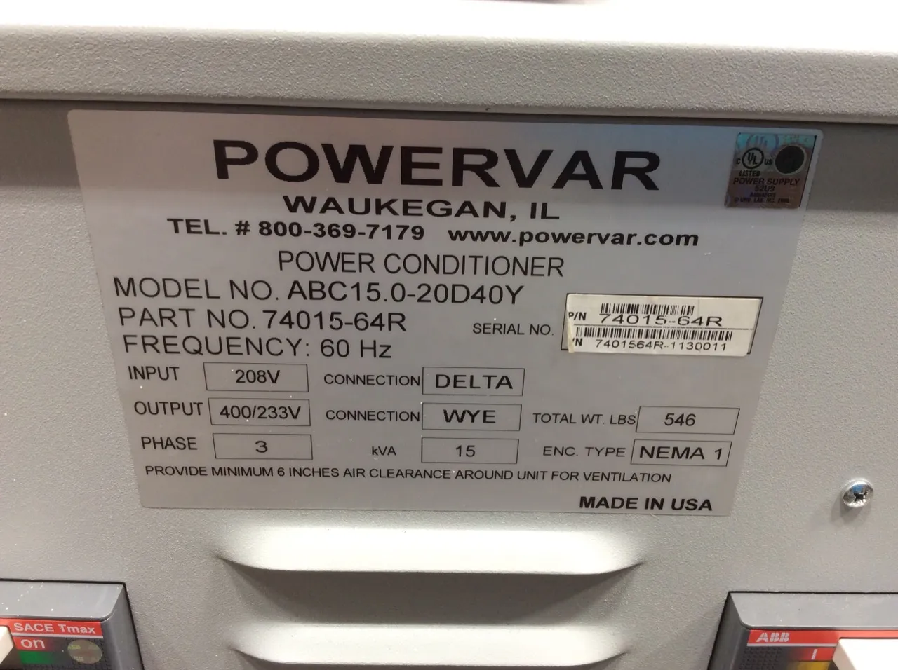 Powervar Series 2000 GPI Global Power Interface Model ABC15.0-20D40Y