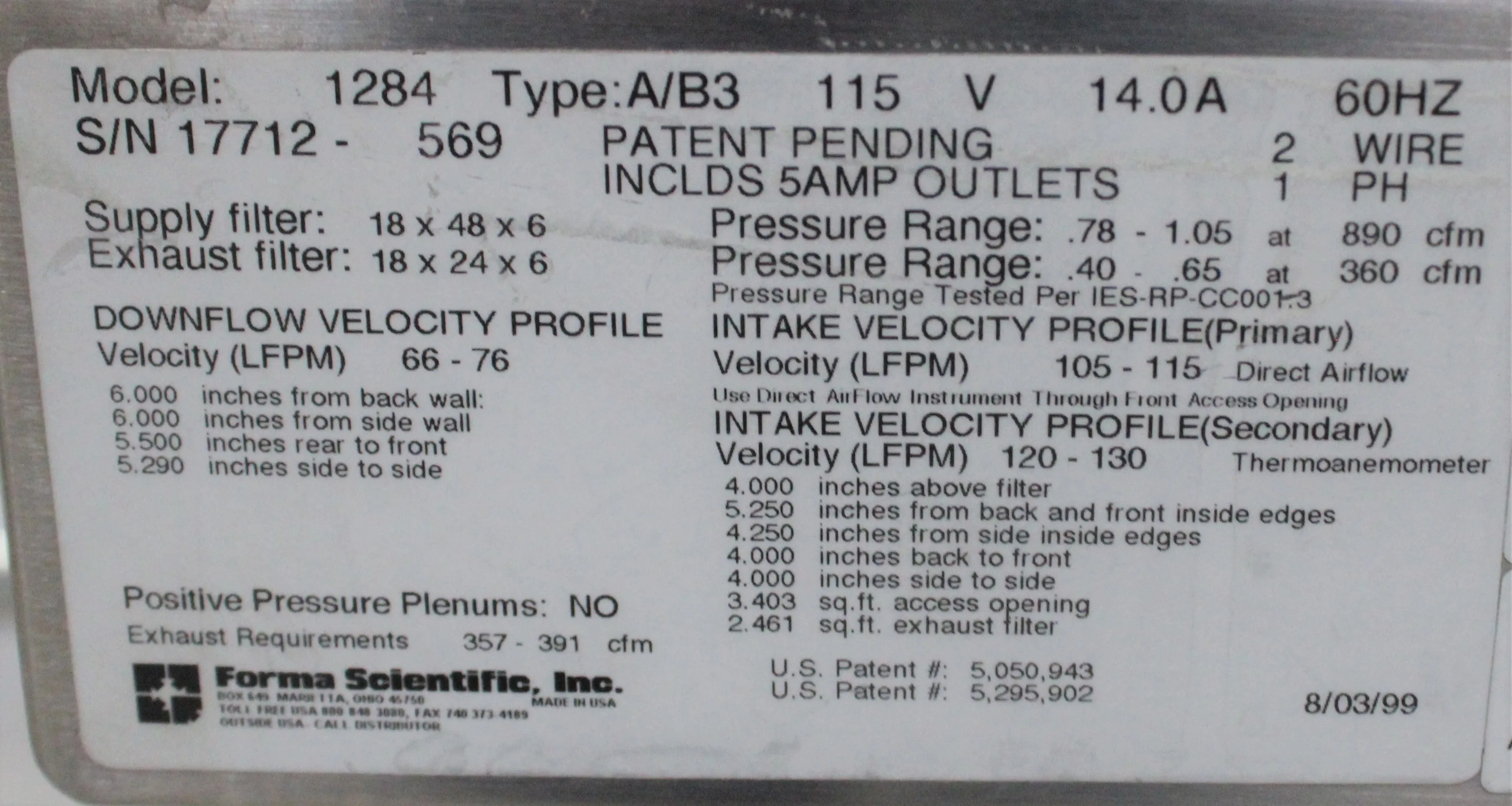 Forma 1284 Class II Type A/B3 Biological Safety Cabinet