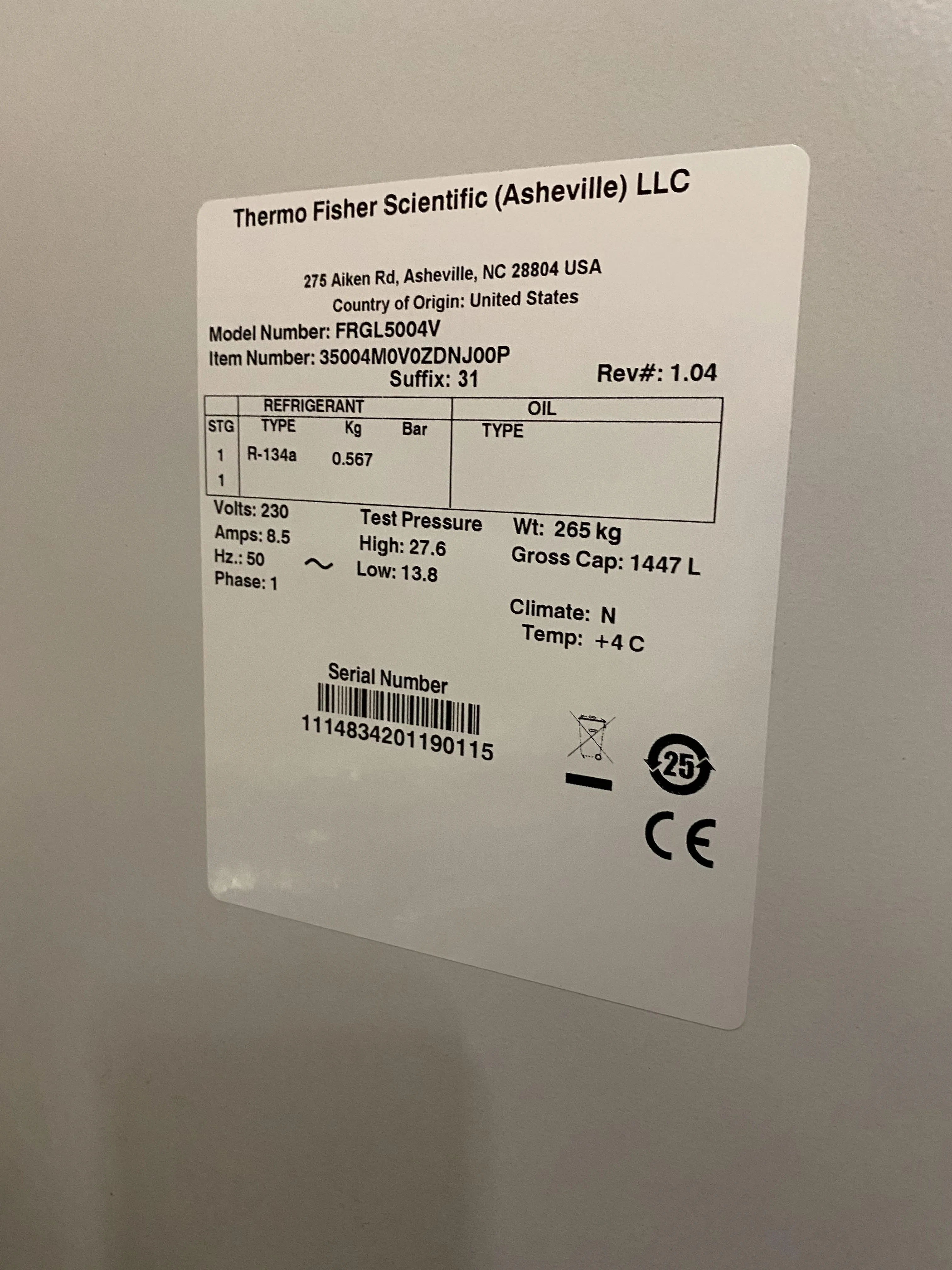 Thermo Scientific Forma High-Performance Lab Refrigerator FRGL5004V 230V