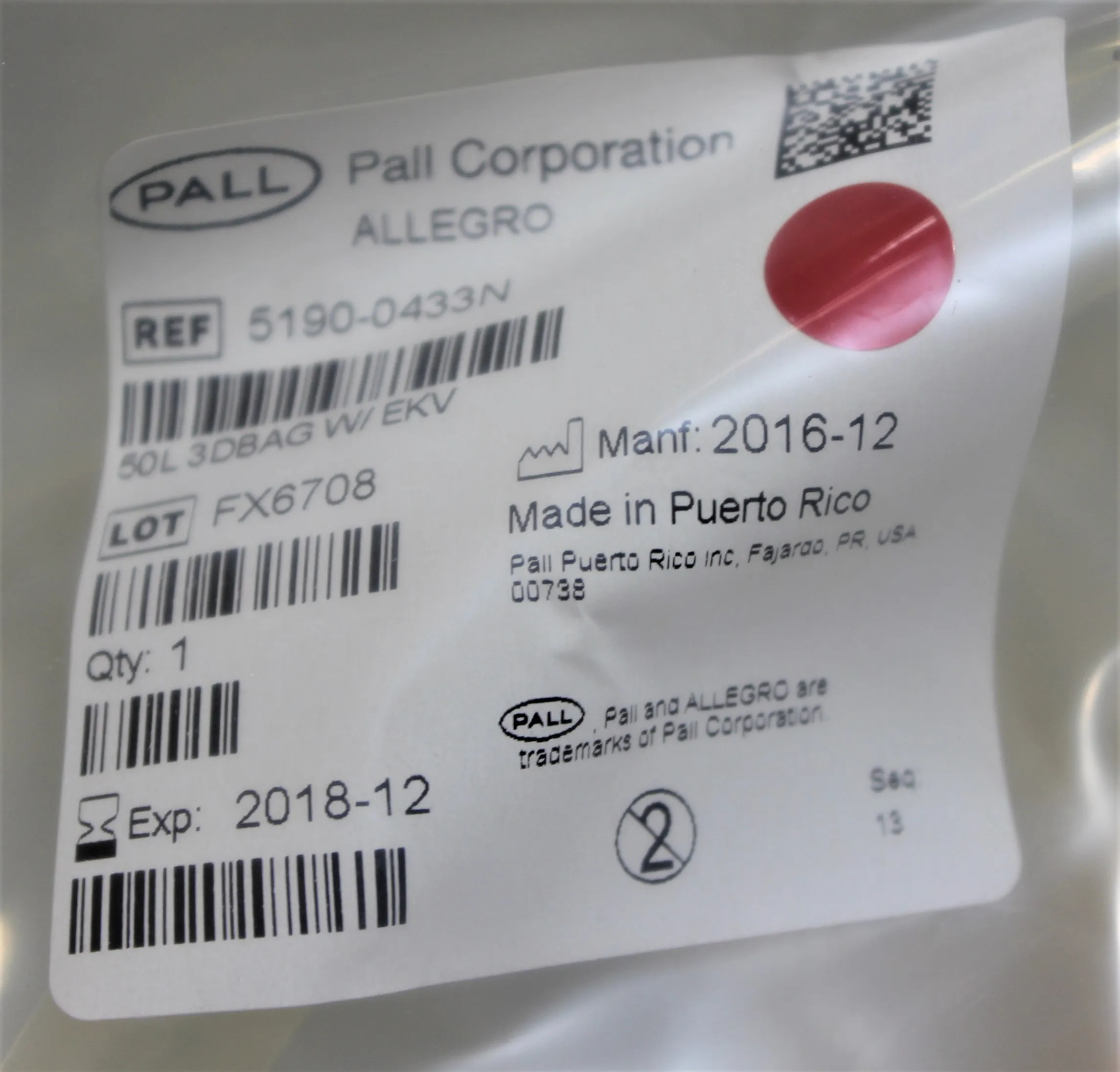 Pall Allegro 50L 3D Bag w EKV 5190-0433N - Turnkey Used Lab Equipment