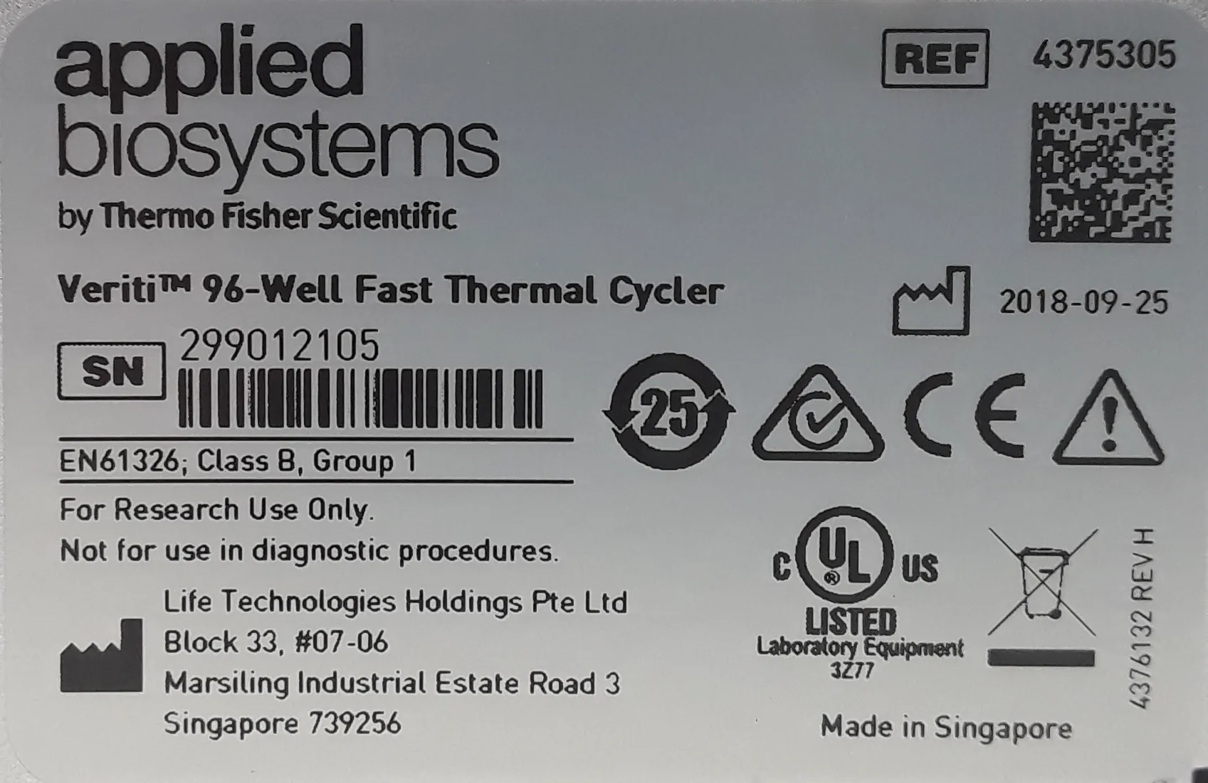 Applied Biosystems Veriti 96-Well Fast Thermal Cycler PCR Molecular Biology Lab Equipment 299012105