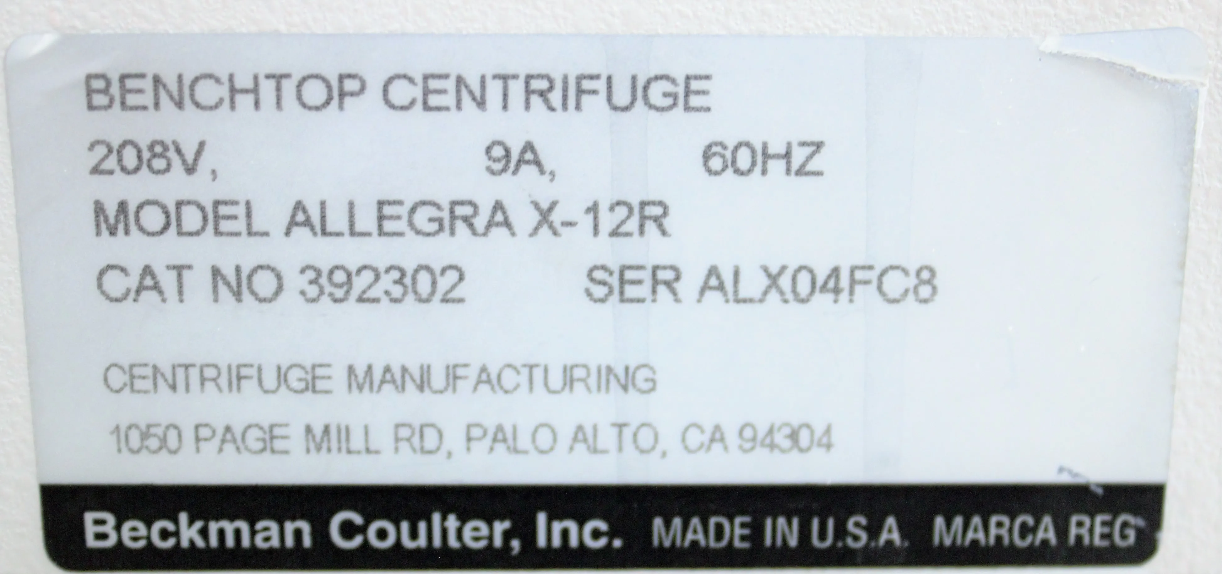 Beckman Coulter Allegra Centrifuge X12R Refrigerated Benchtop Centrifuge with SX4750 Swinging-Bucket Rotor