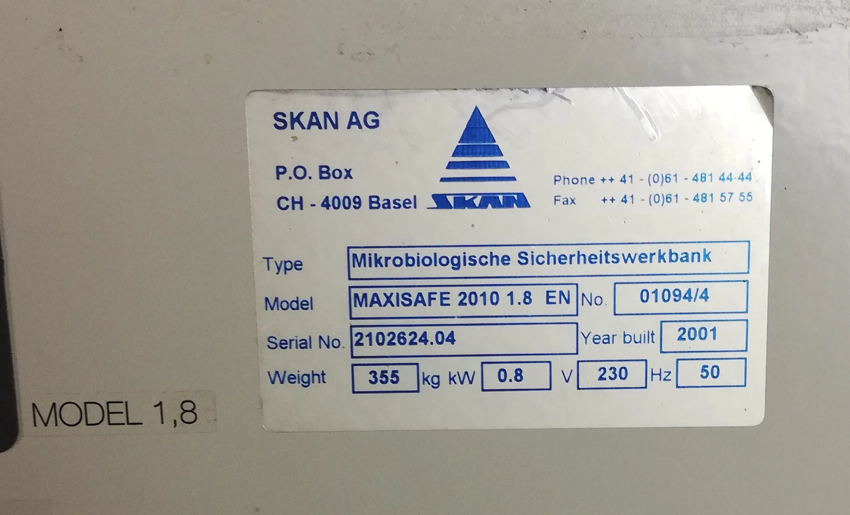 SKAN MAXISAFE 2010 1.8 EN Biosafety Cabinet Class 1 Used 230V 50Hz UK REUZEit Netherlands