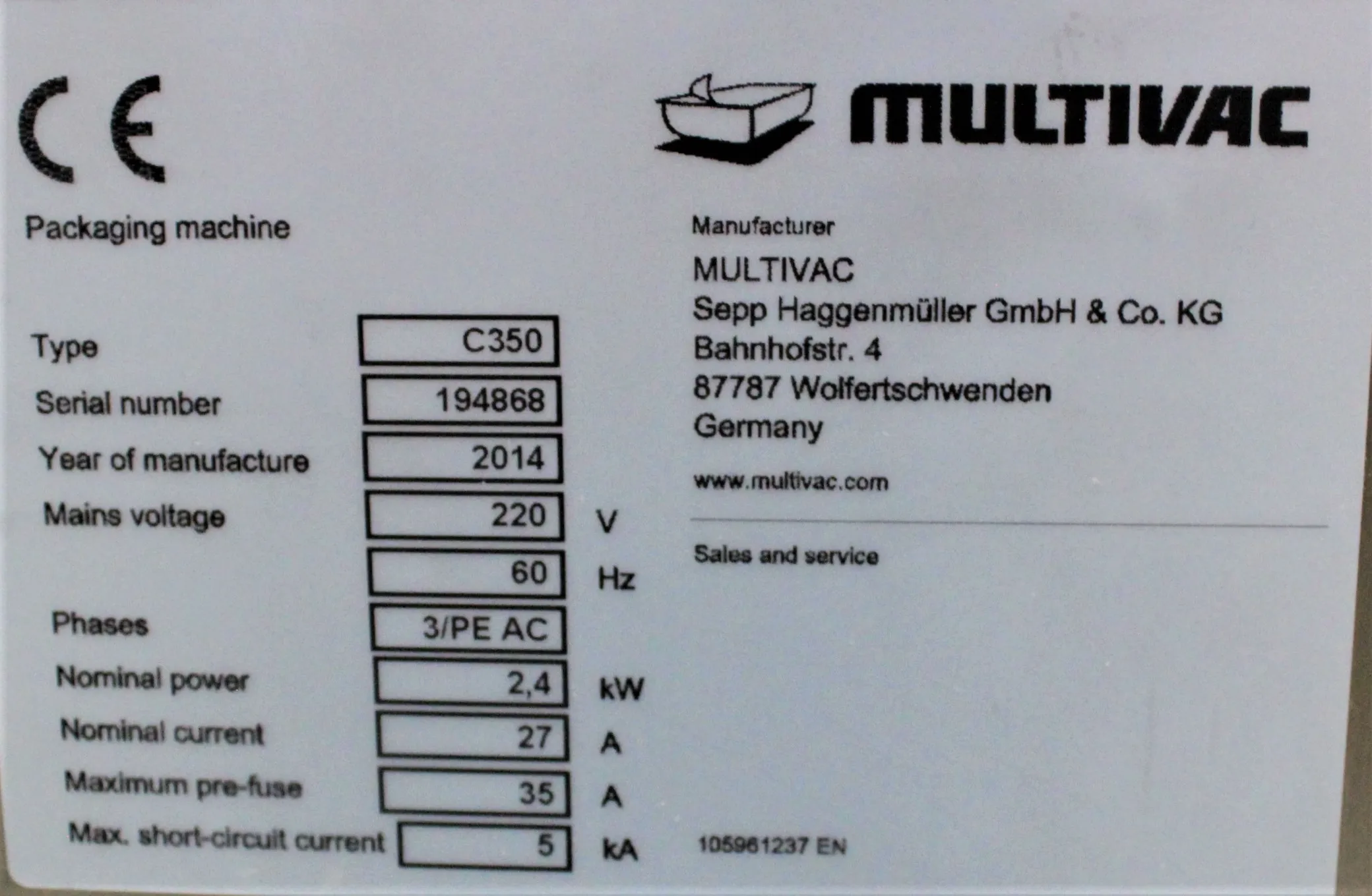 Multivac C350 Chamber Machine - Used Laboratory Equipment