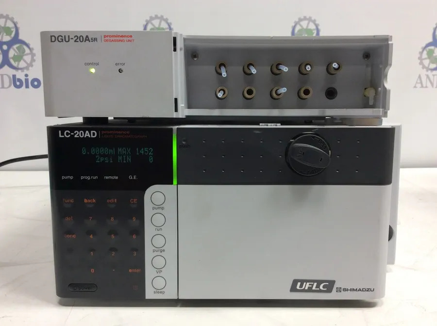 Shimadzu DGU-20A5R Degasser 228-45019-43 & LC-20AD Prominence Liquid Chromatograph 228-45000-32