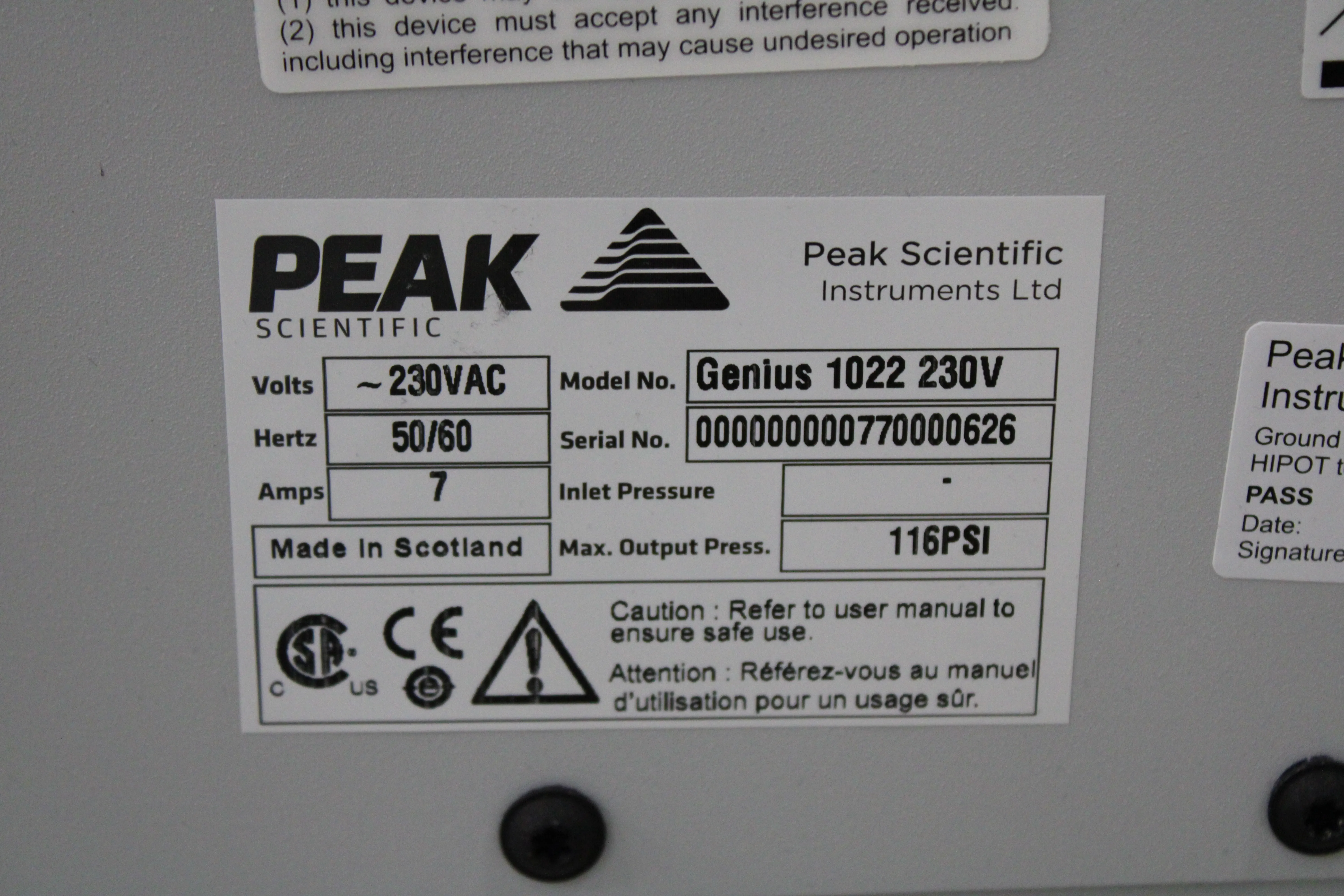 Peak Scientific Genius 1022 Nitrogen Generator for Thermo Fisher Scientific LC-MS/MS Instruments