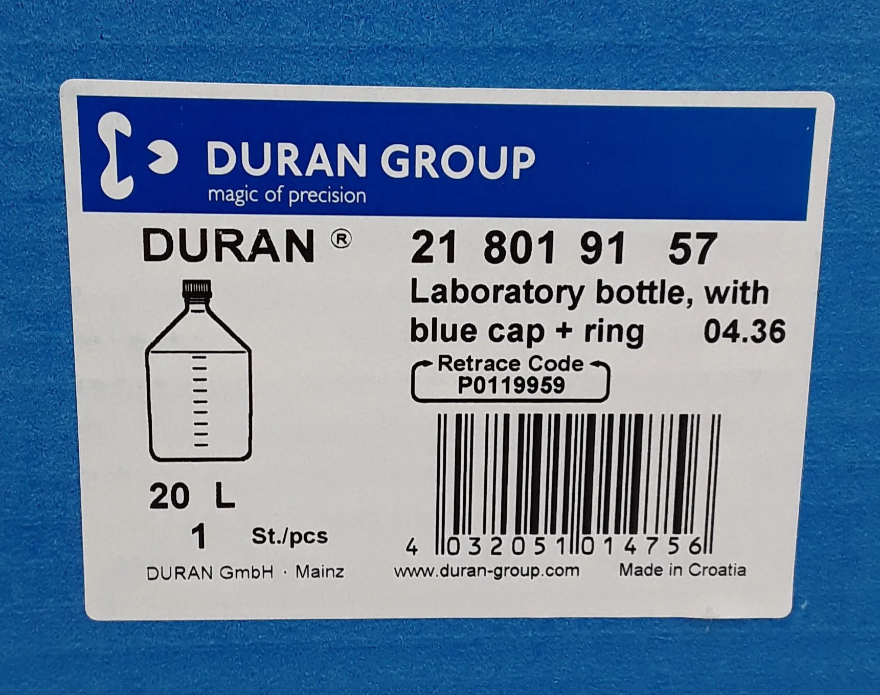 Duran Group 218019157 Laboratory Bottles with Retrace Code and Screw Cap, 20000ml