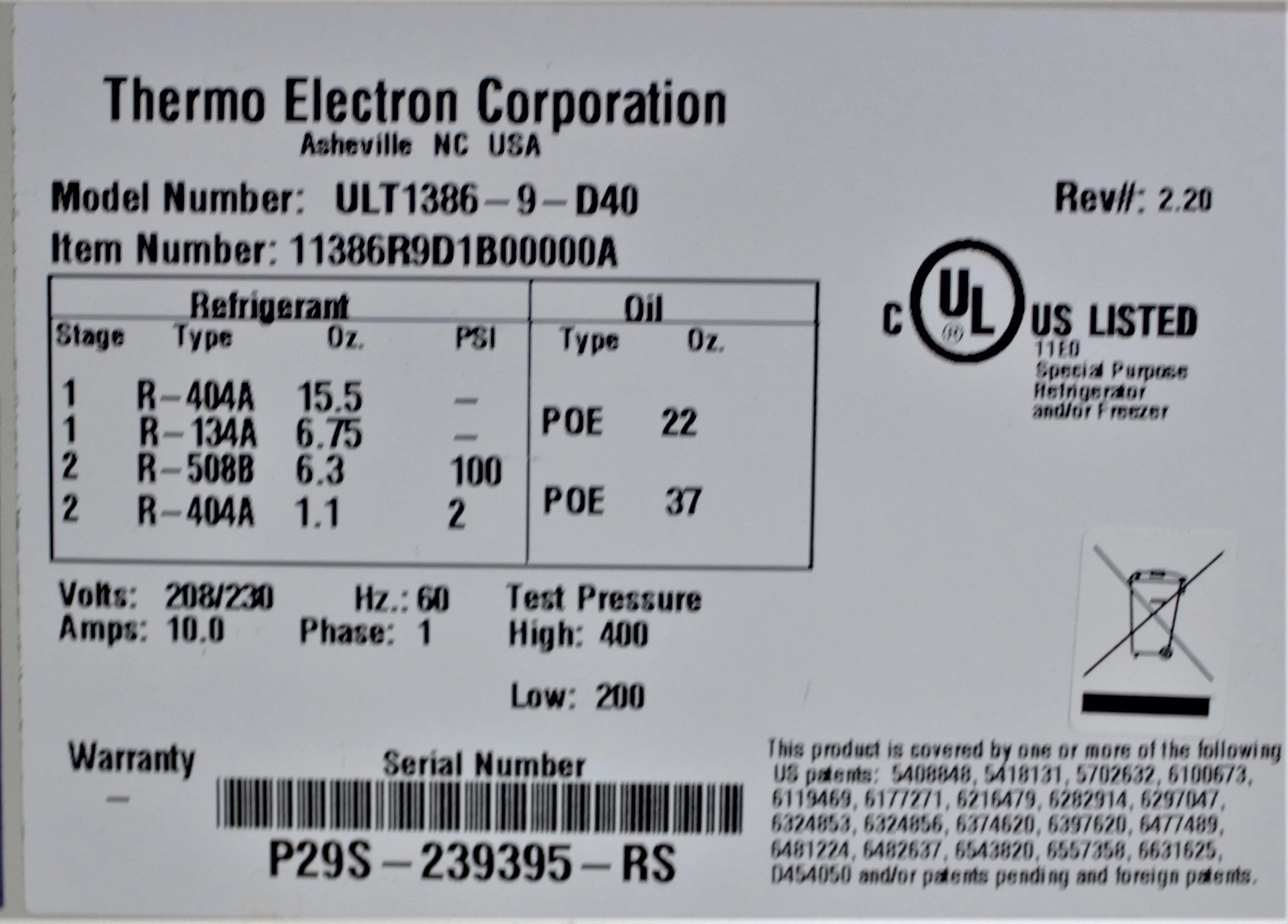 Thermo Scientific Revco ULTIMA2 ultra-lowULT1386-9-D40 Ultima2 Ultra Low Freezer