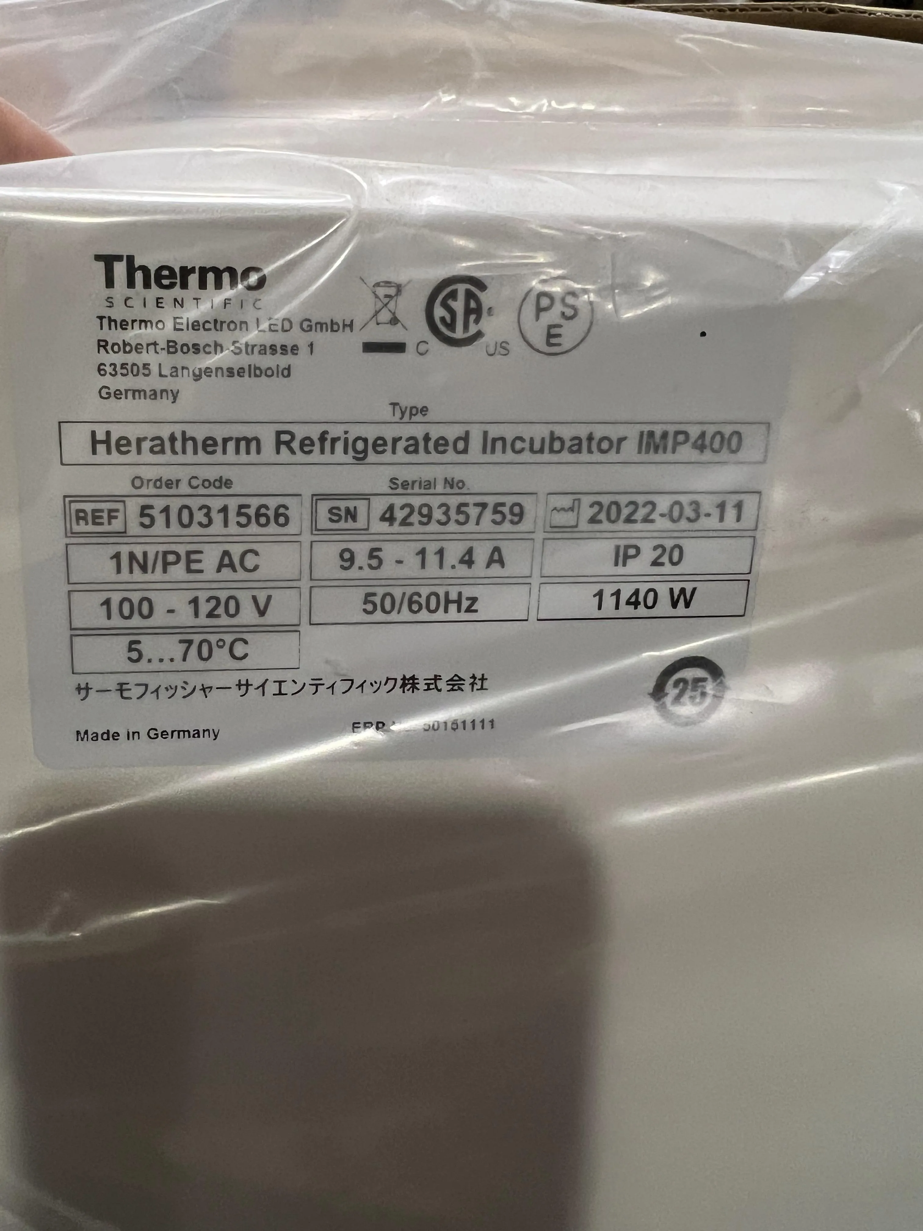 ThermoFisher Heratherm Refrigerated Incubator IMP400