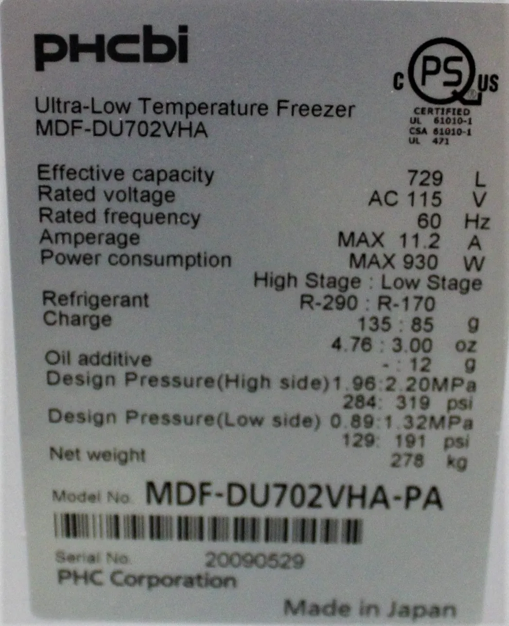 PHCbi MDF-DU702VHA-PA Ultra-Low Freezer - Used