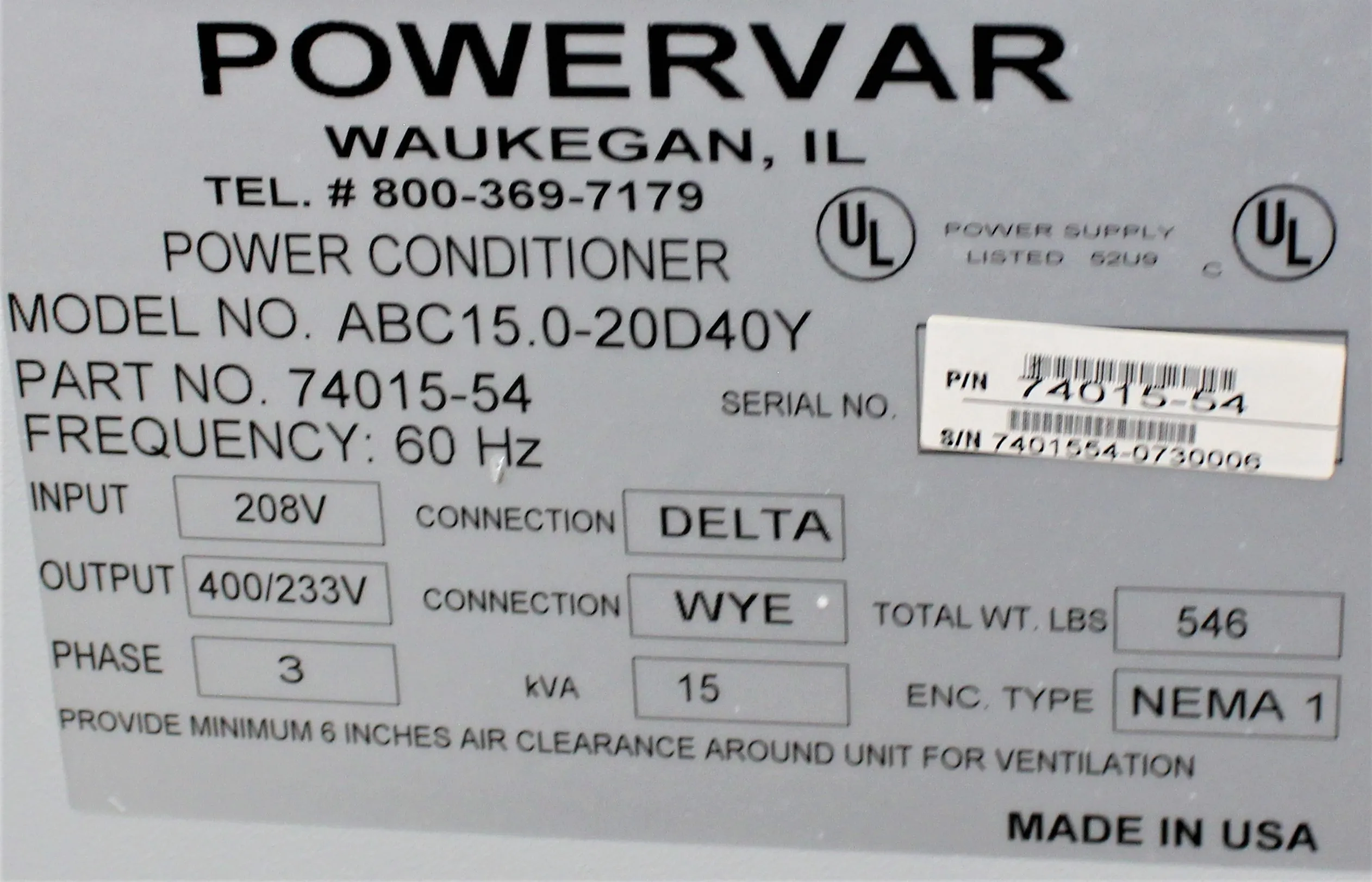 AMETEK Powervar GPI Series 2000 Power Conditioner ABC15.0-20D40Y