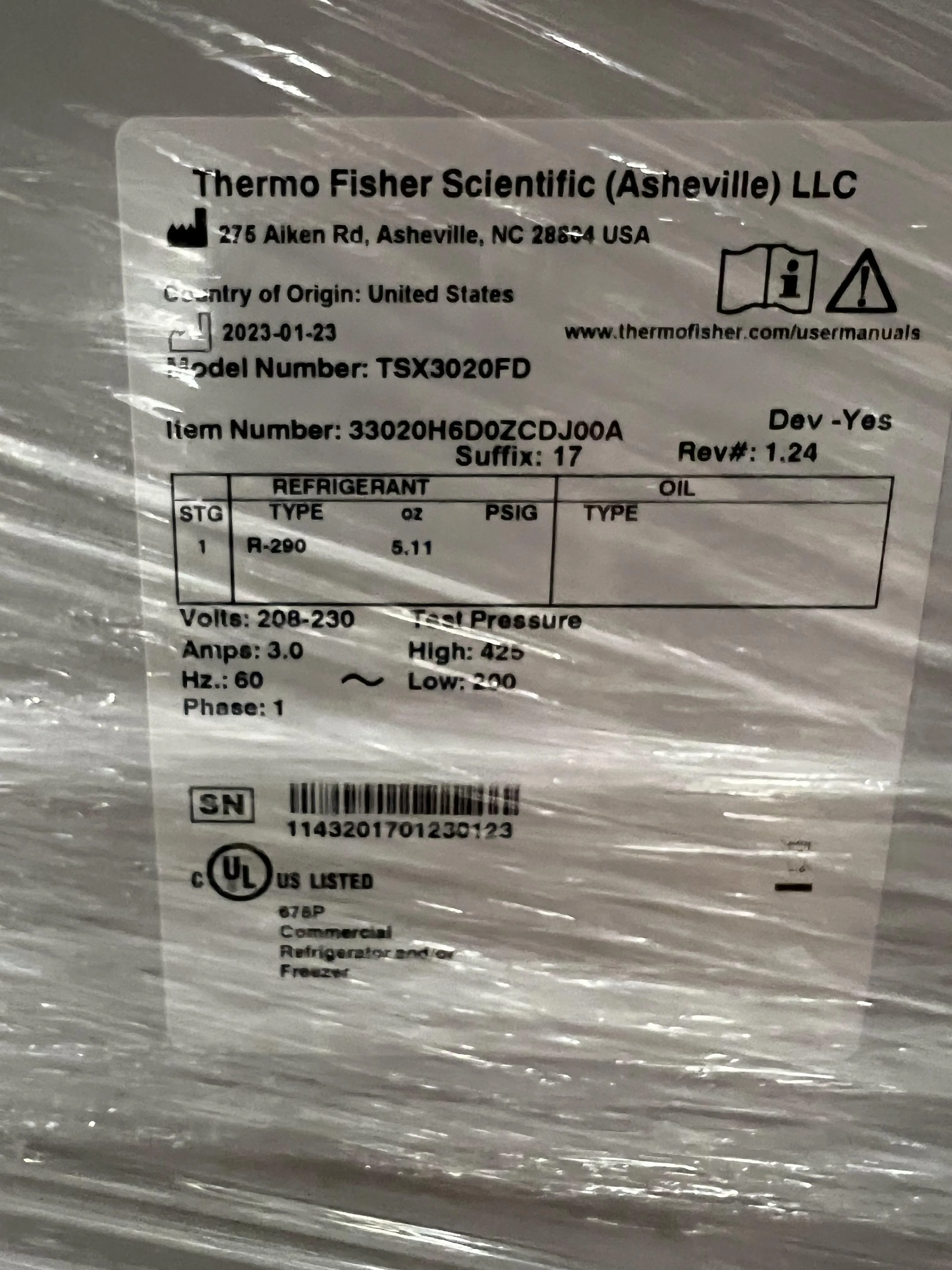 Thermo Fisher TSX3020FD -20C Manual Defrost Freezer