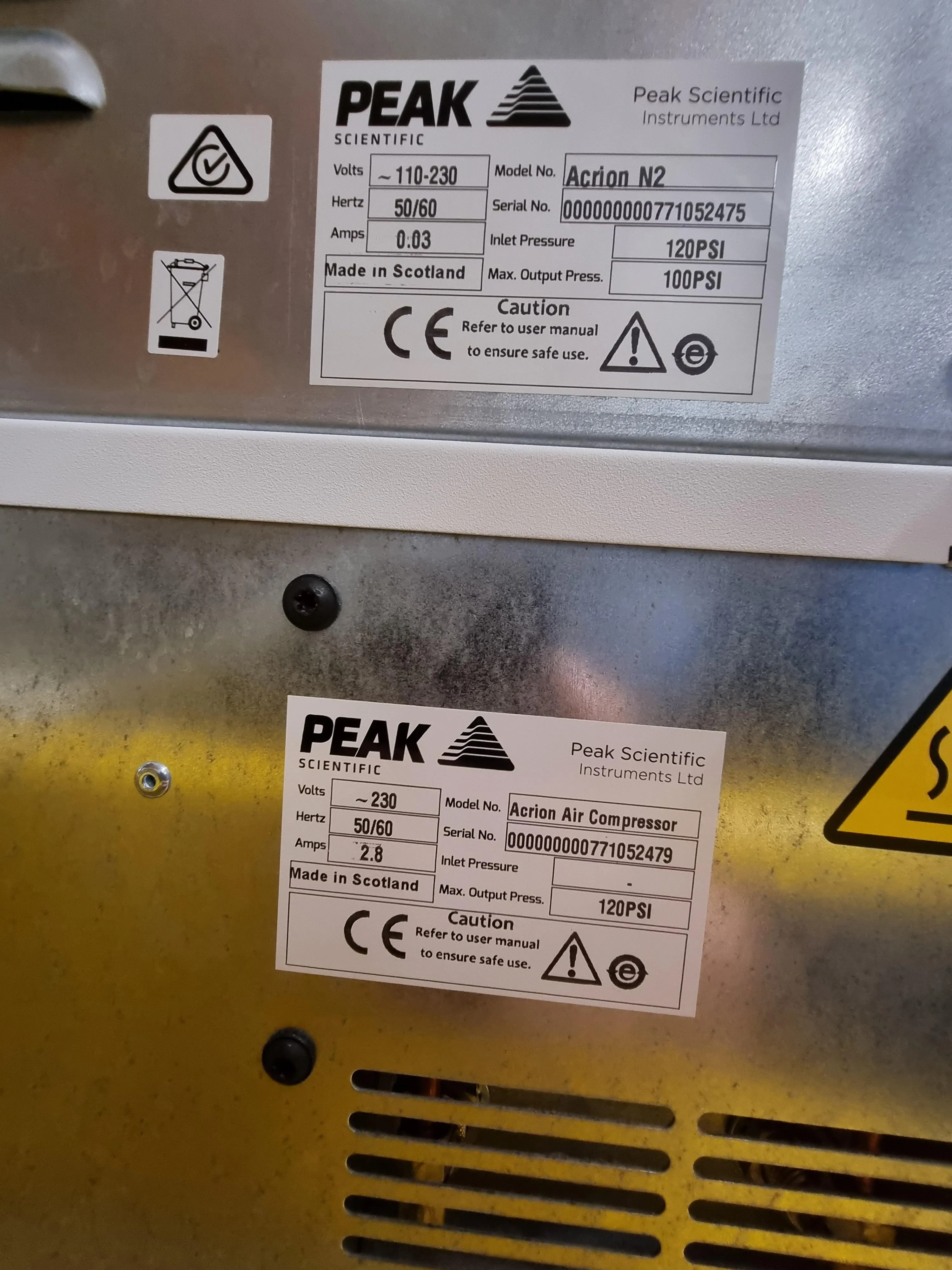 Peak Scientific Acrion N2 Nitrogen Generator & Acrion Air Compressor