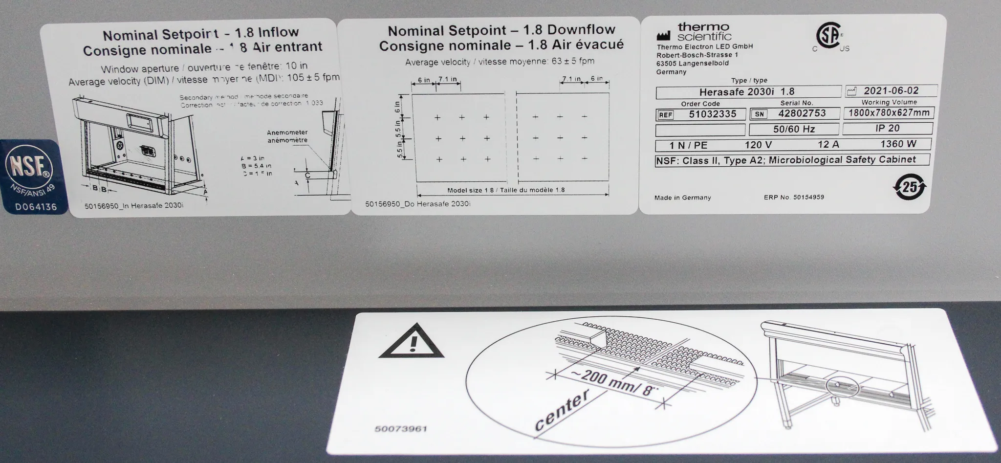 Thermo Scientific Herasafe 2030i Biological Safety Cabinet 51032335 Class II A2 with SmartFlow and DAVe Plus Technologies