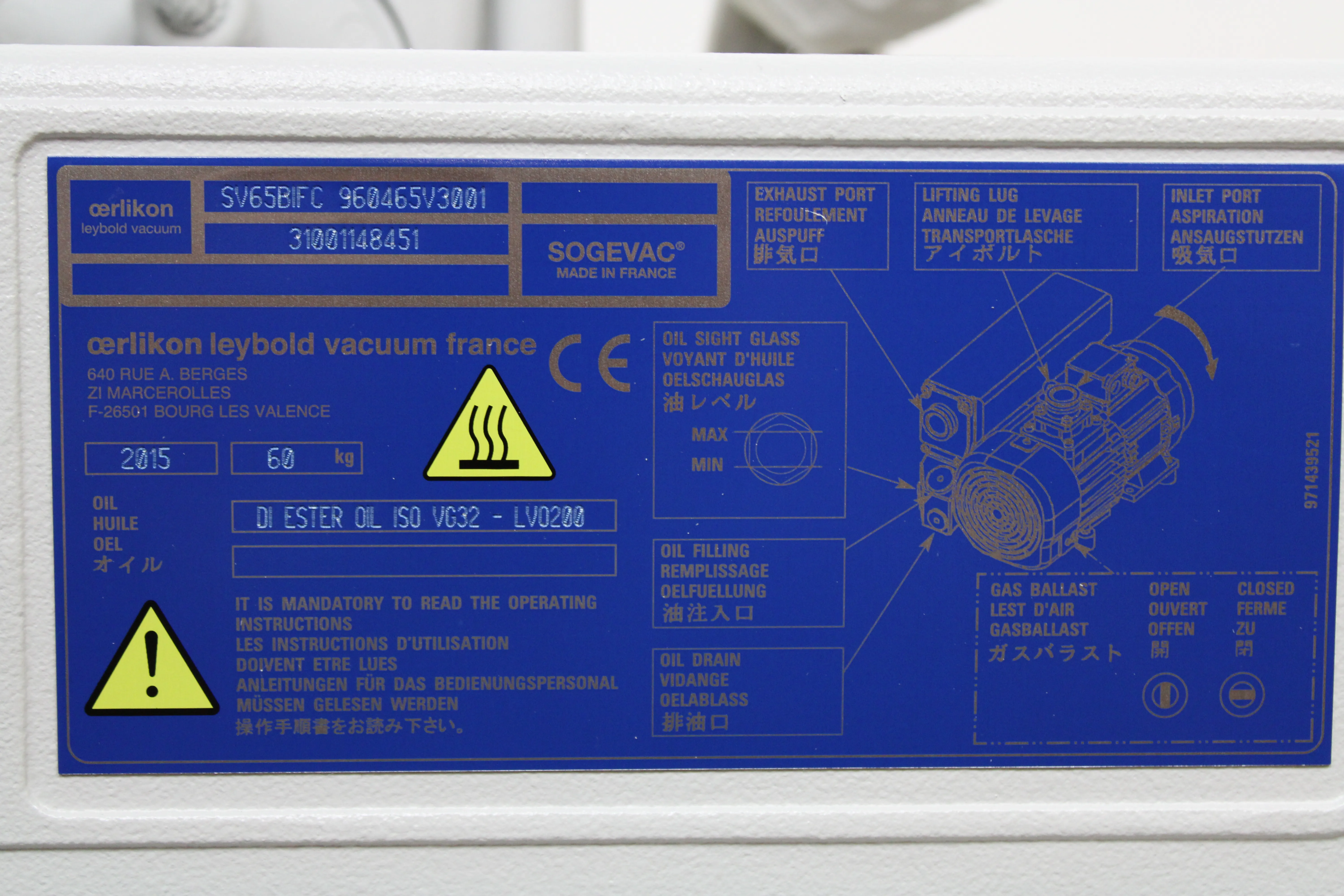 Leybold Sogevac SV65BIFC 960465V013001 Vacuum Pump 230V 50Hz/60Hz Used - 30-Day Warranty