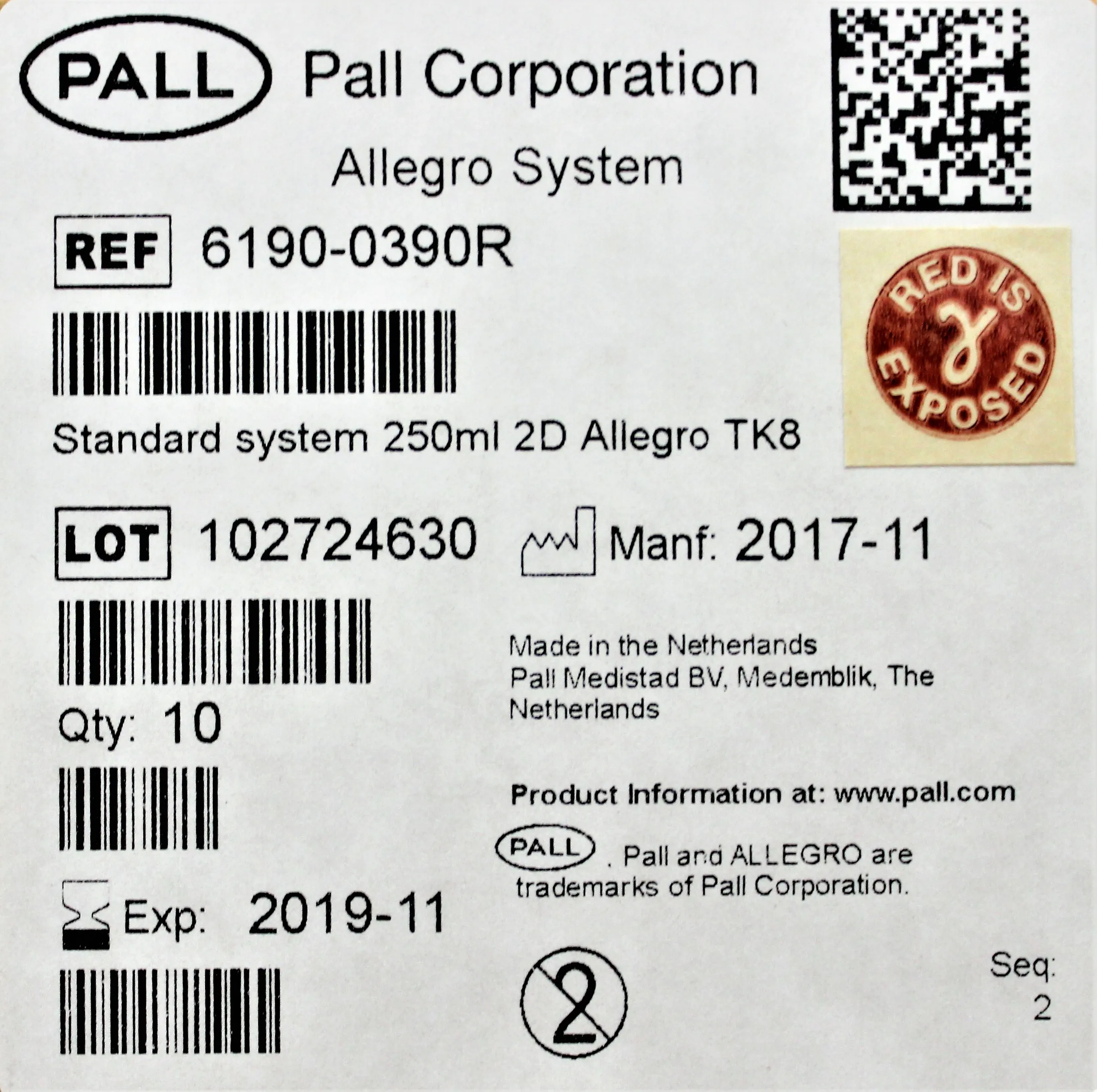 PALL Allegro TK8 250mL Standard System 2D 6190-0390R Bioprocessing Film Biocontainer