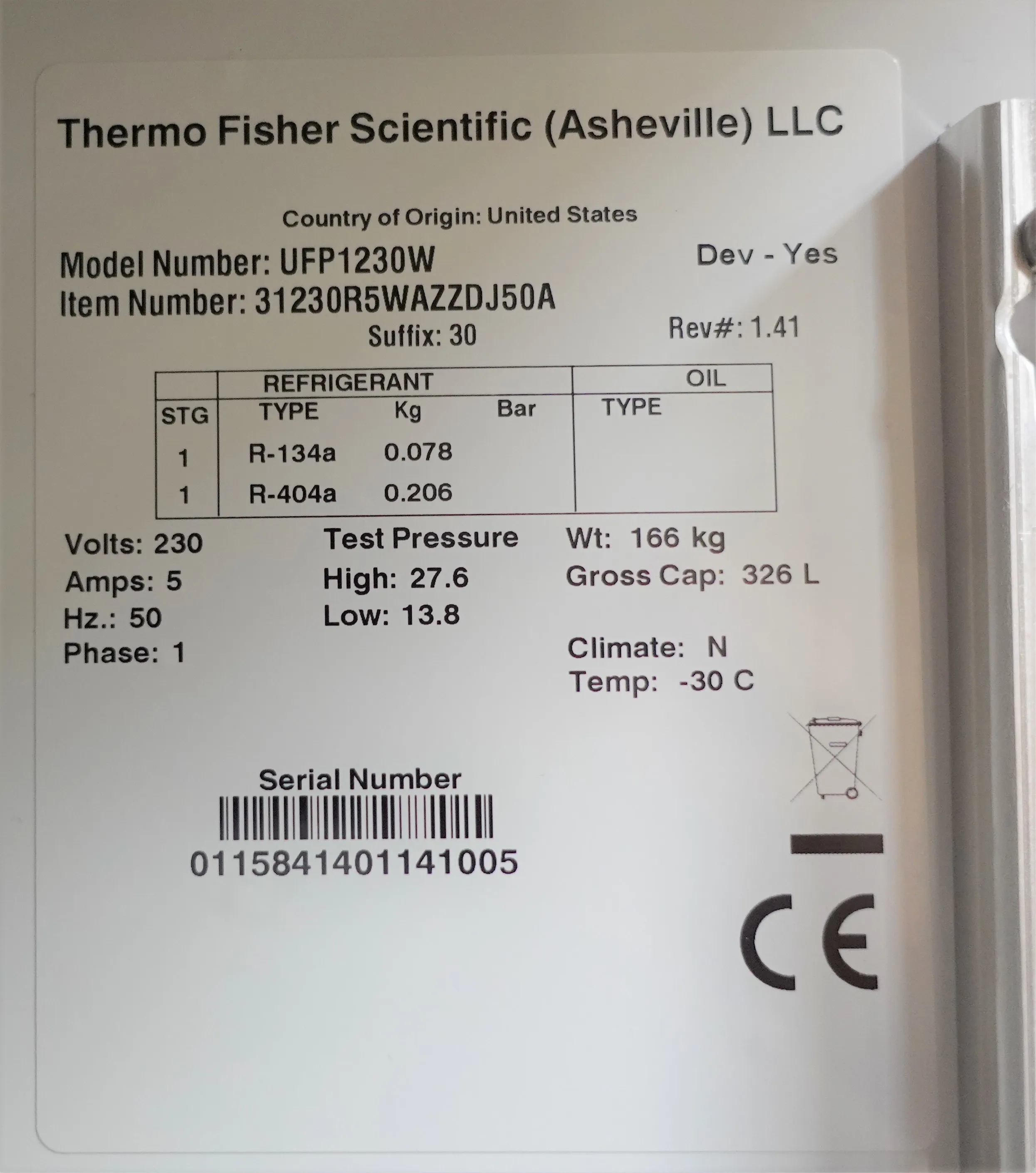 Thermo Fisher Scientific UFP1230W Ultra Low Freezer Plasma Freezer -30C, 326L, 230V