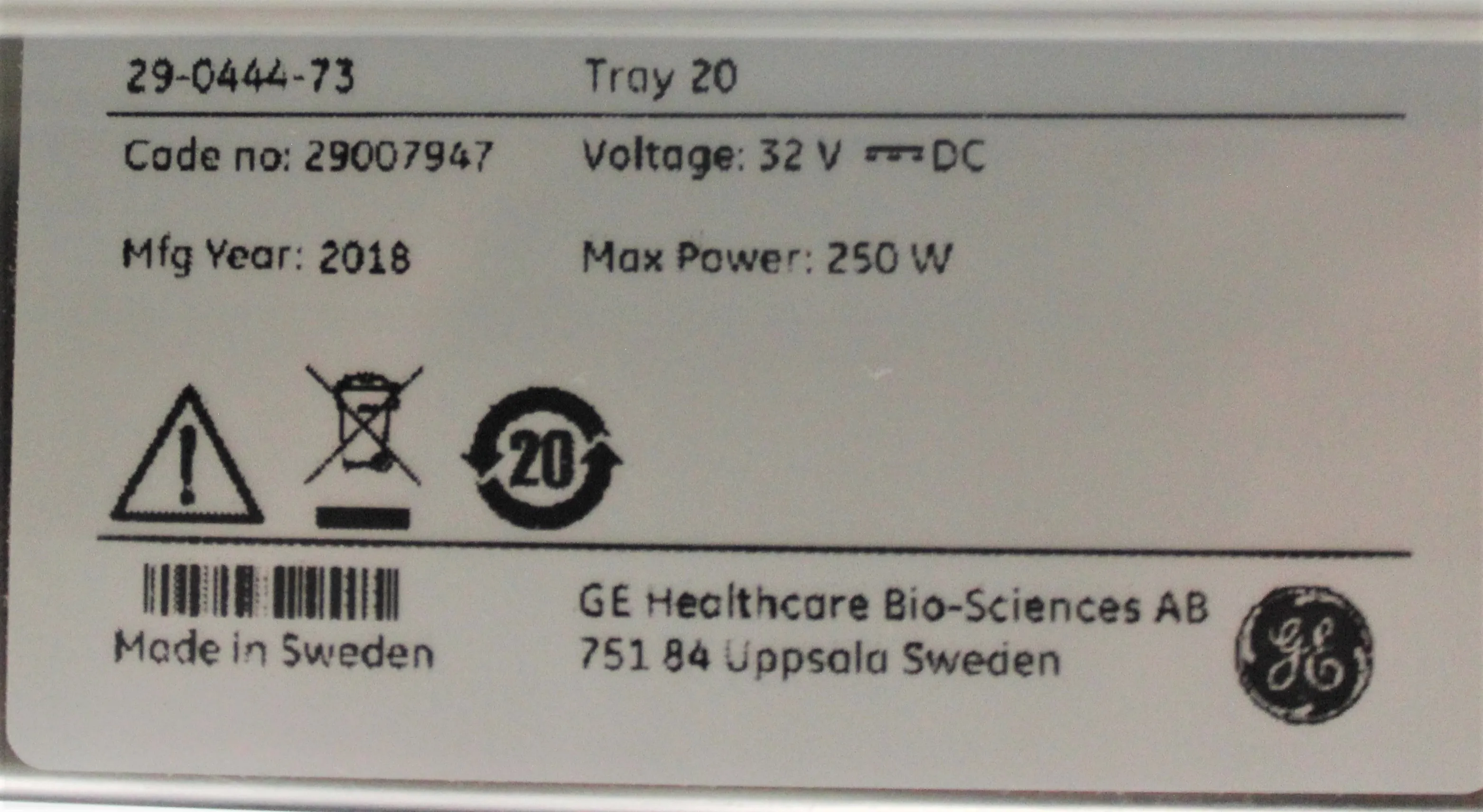 GE Healthcare Tray 20 P/N 29-0444-73 - ReadyToProcess WAVE 25 Bioreactor System Accessory