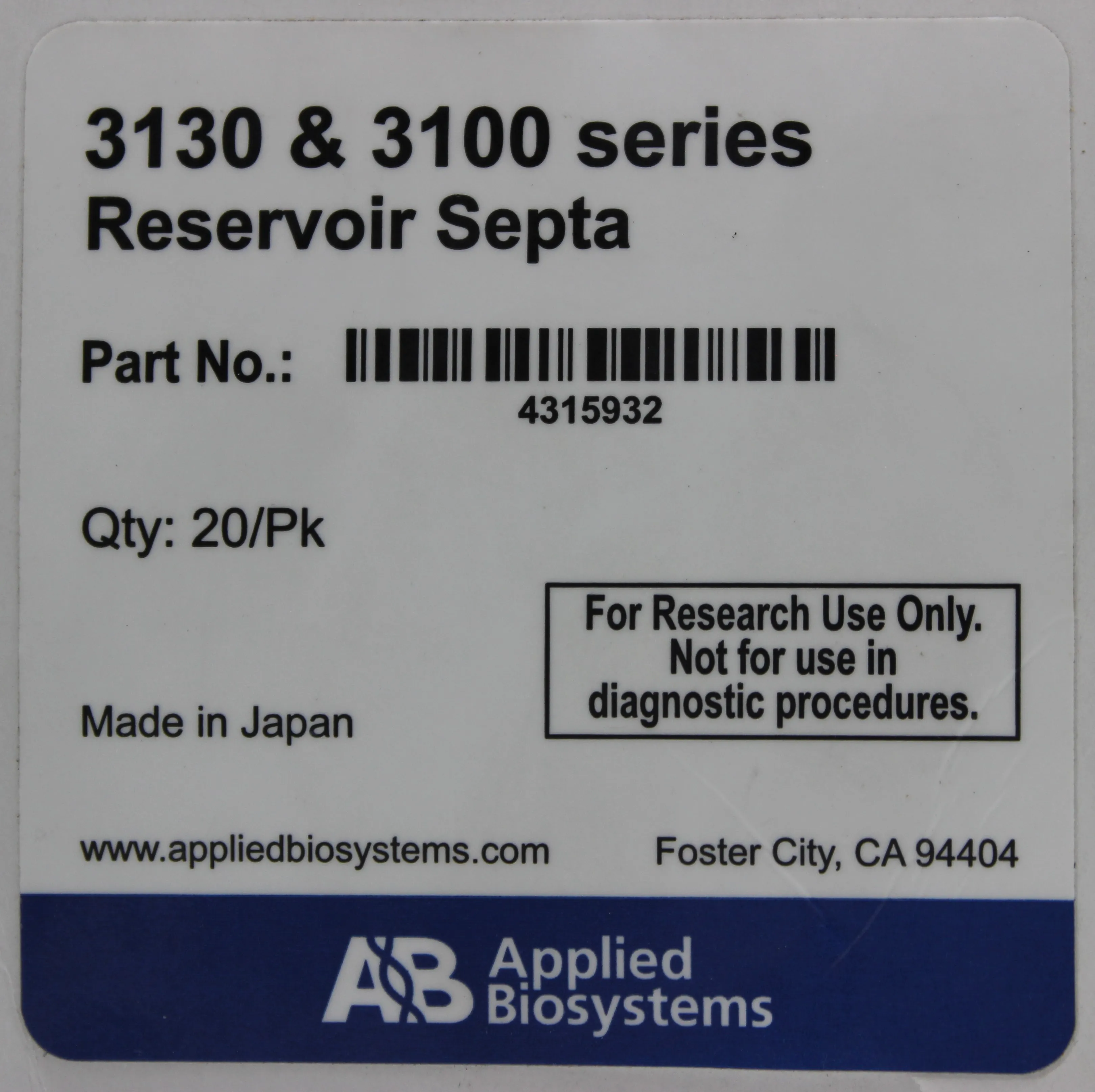 Applied Biosystems 3130 & 3100 Series Reservoir Septa 4315932 Qty 56 3 Boxes