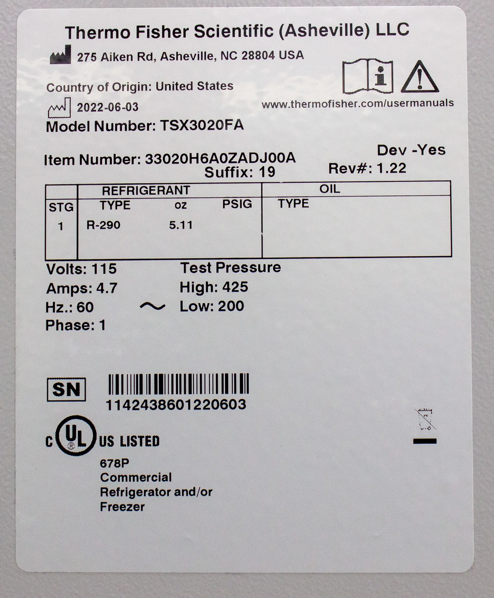 Thermo Scientific TSX Series High-Performance -20C Manual Defrost Freezer Model TSX3020FA (Storage)