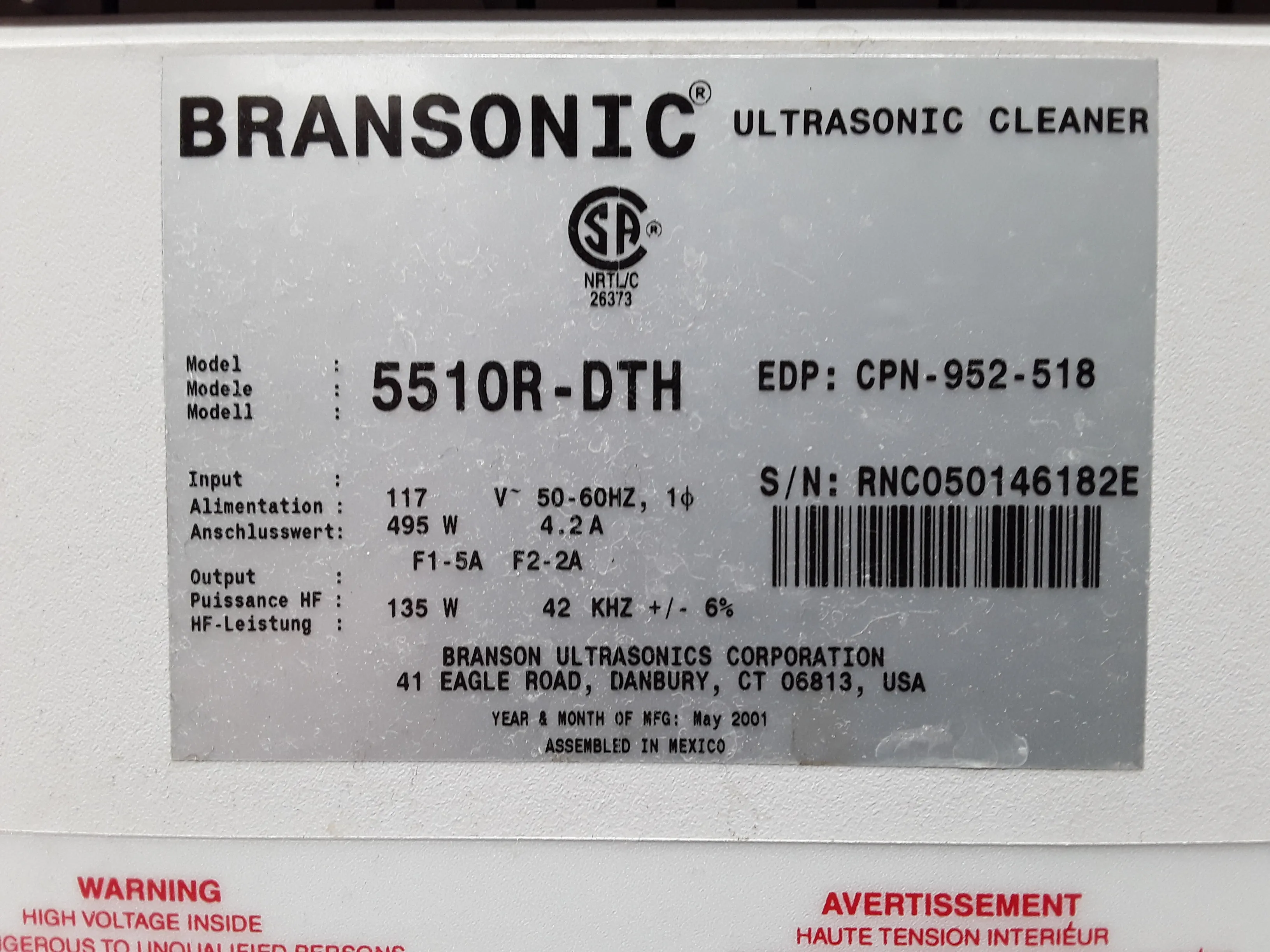 Branson 5510R-DTH Ultrasonic Cleaner Model 5510 - Used