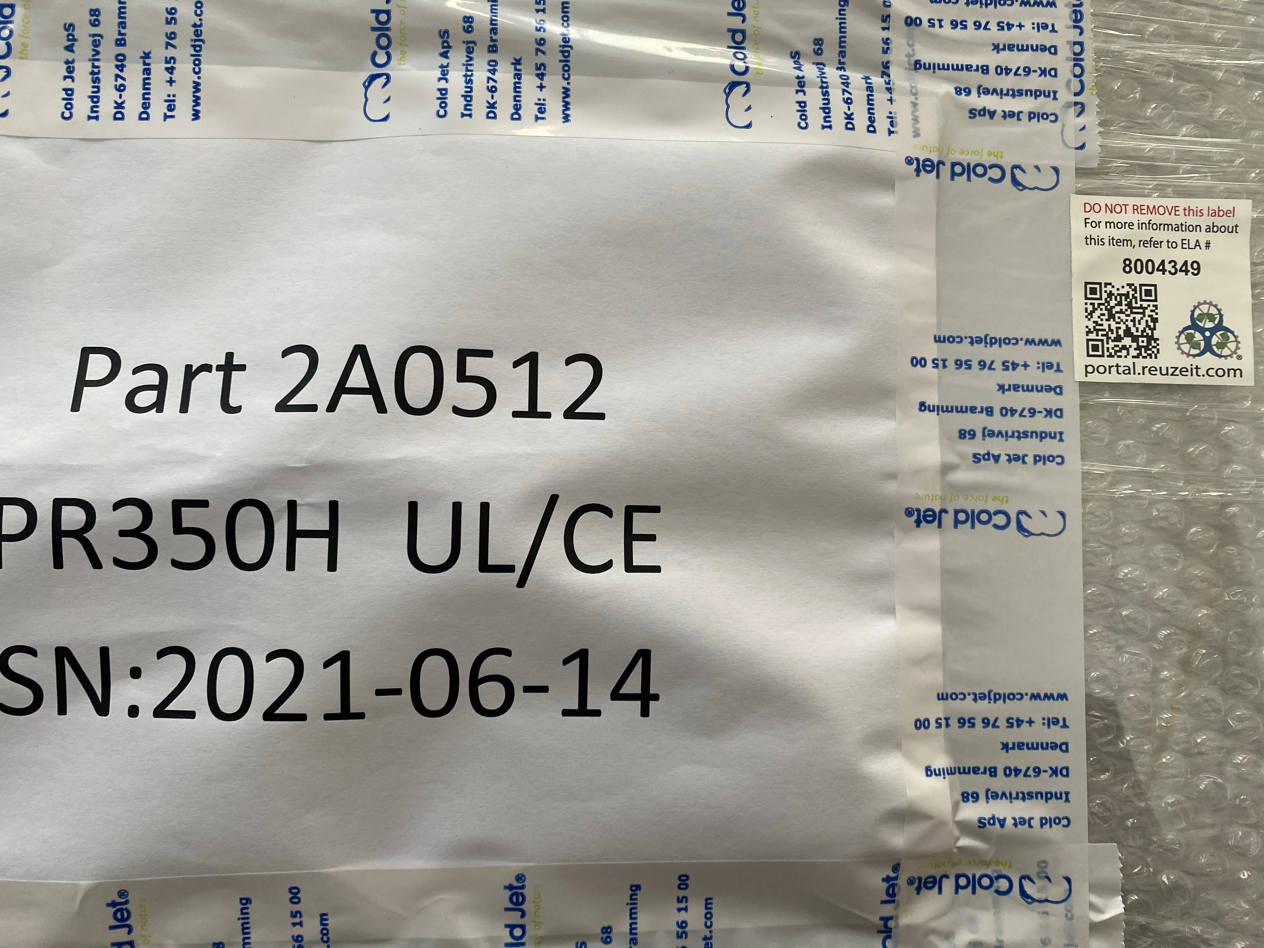 Cold Jet Part 2A0512 PR350H UL/CE Laboratory Equipment