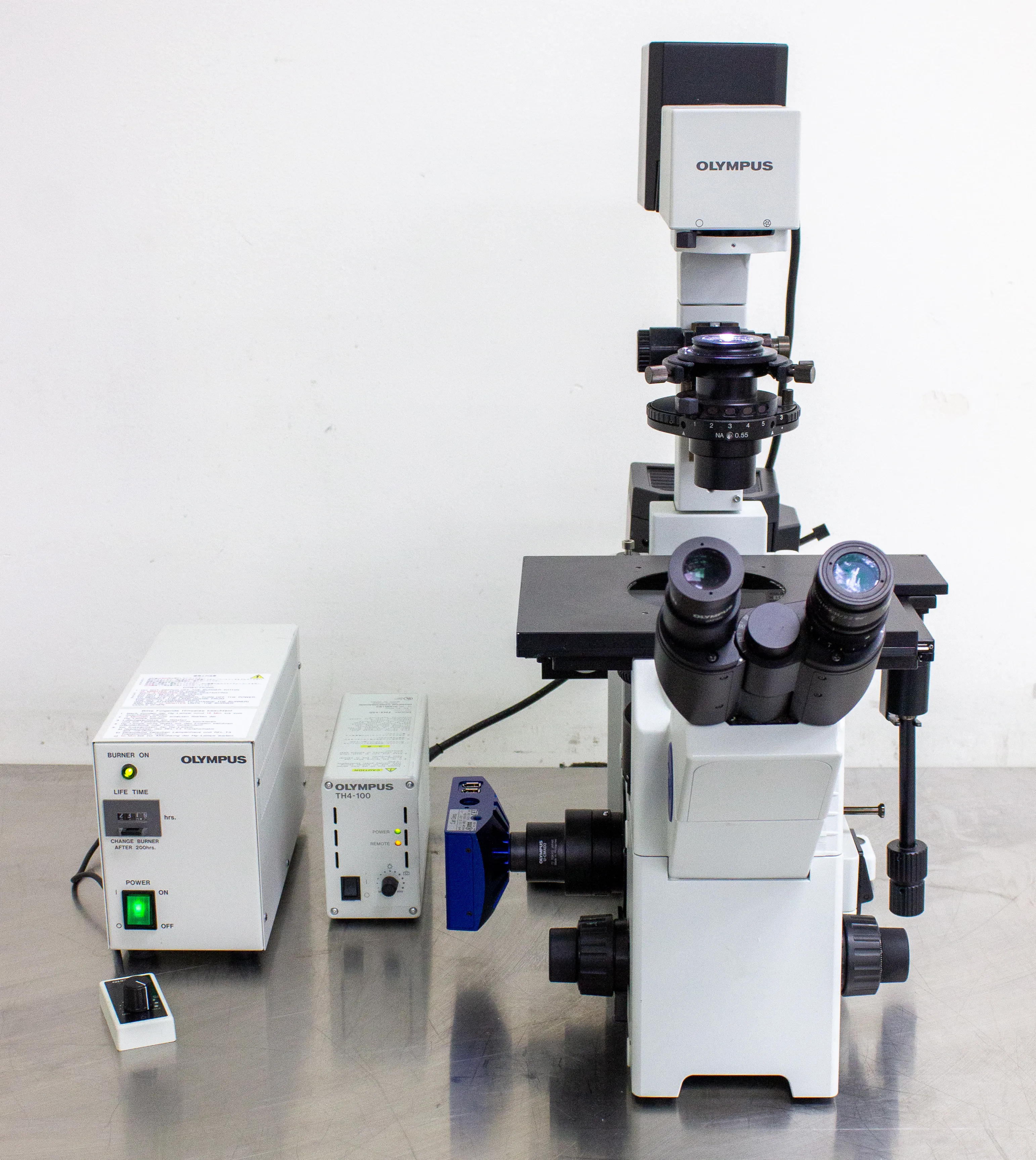 Olympus IX51 Inverted Fluorescence Microscope IX2-ILL100 with TH4-100 External Power Supply and BH2-RFL-T3 Power Supply for Mercury Burner