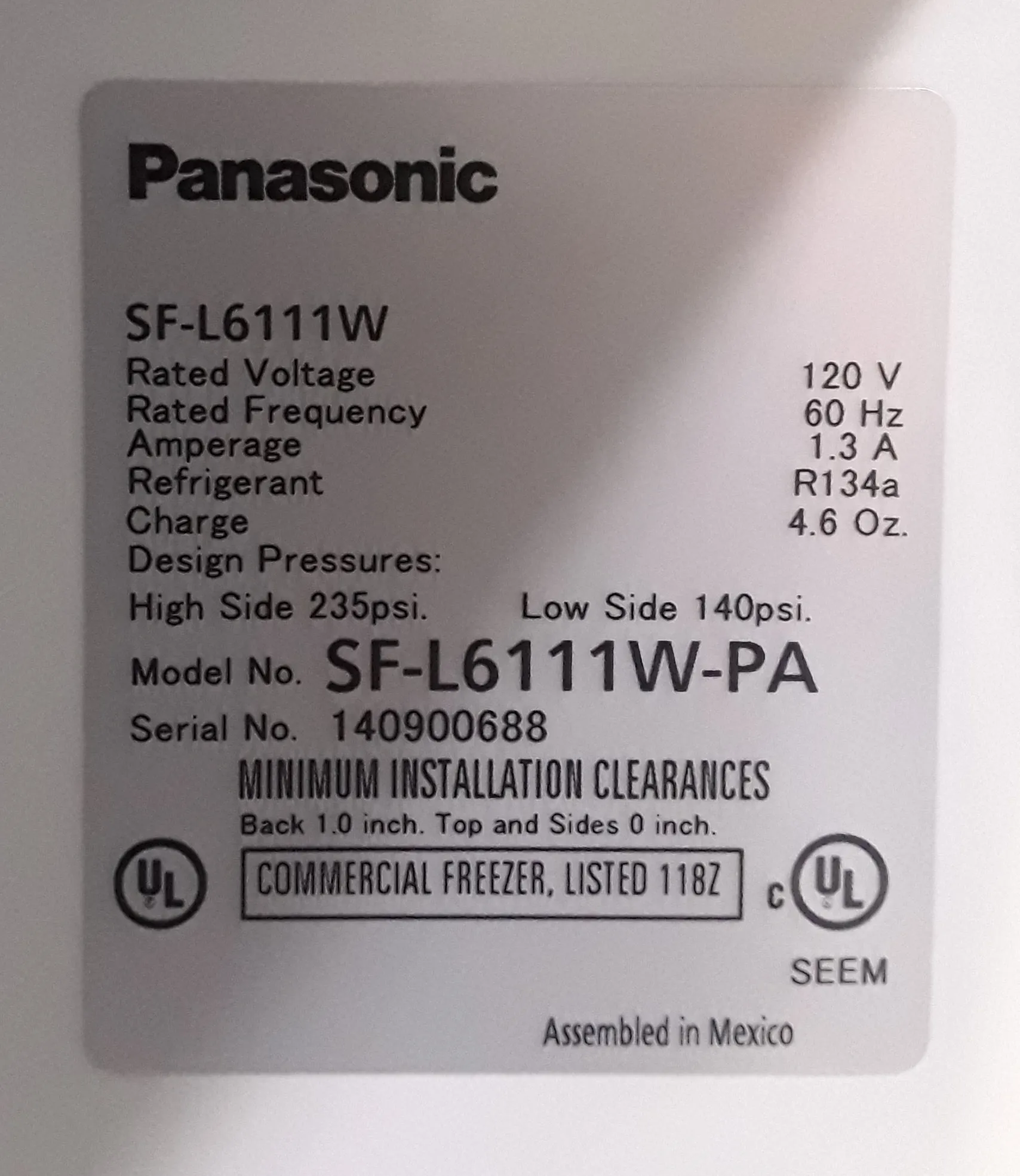 Panasonic SF-L6111W-PA Used Laboratory Freezer - 5.5 cu.ft.