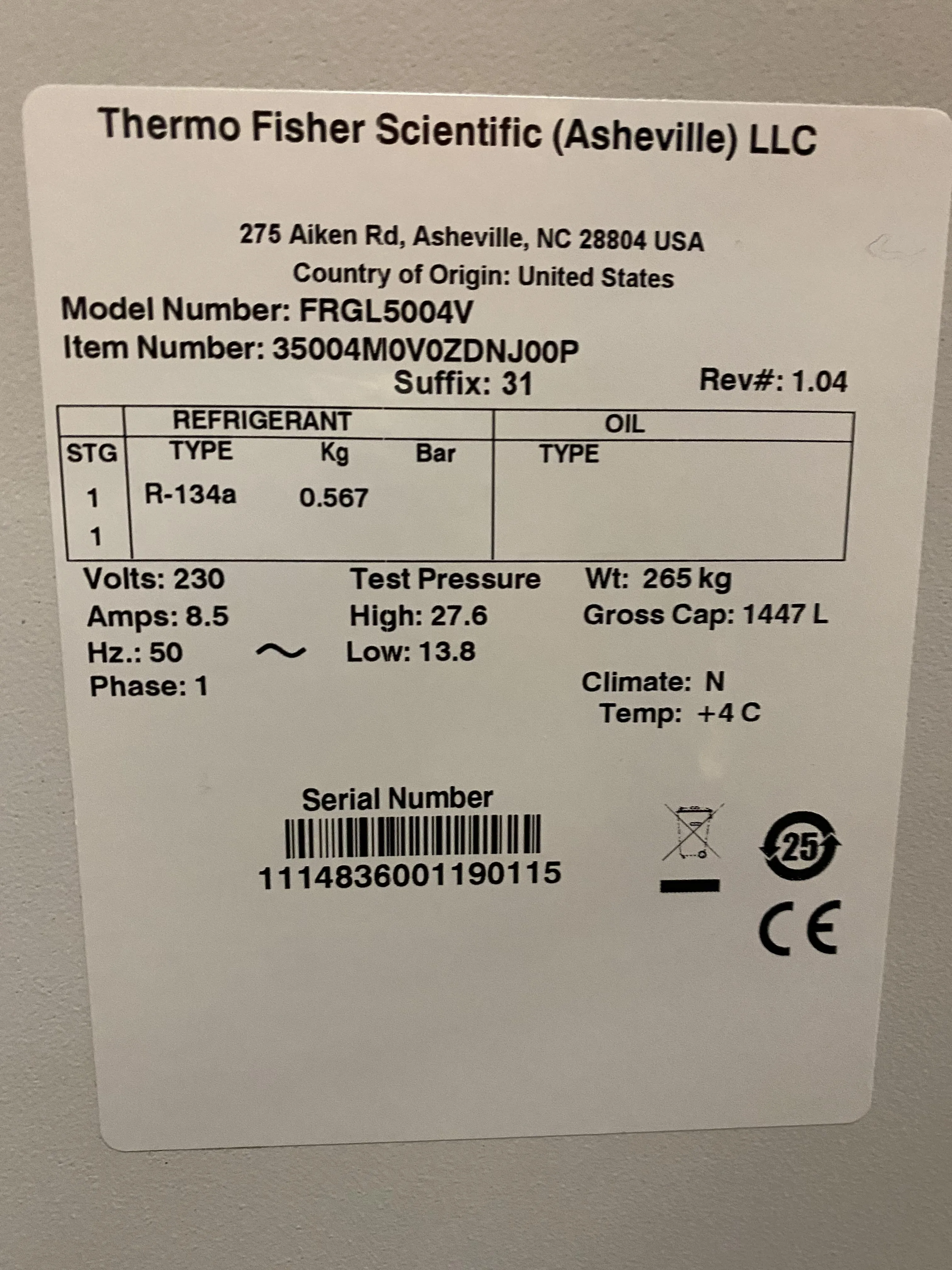 Thermo Scientific Forma FRGL5004V High-Performance Lab Refrigerator