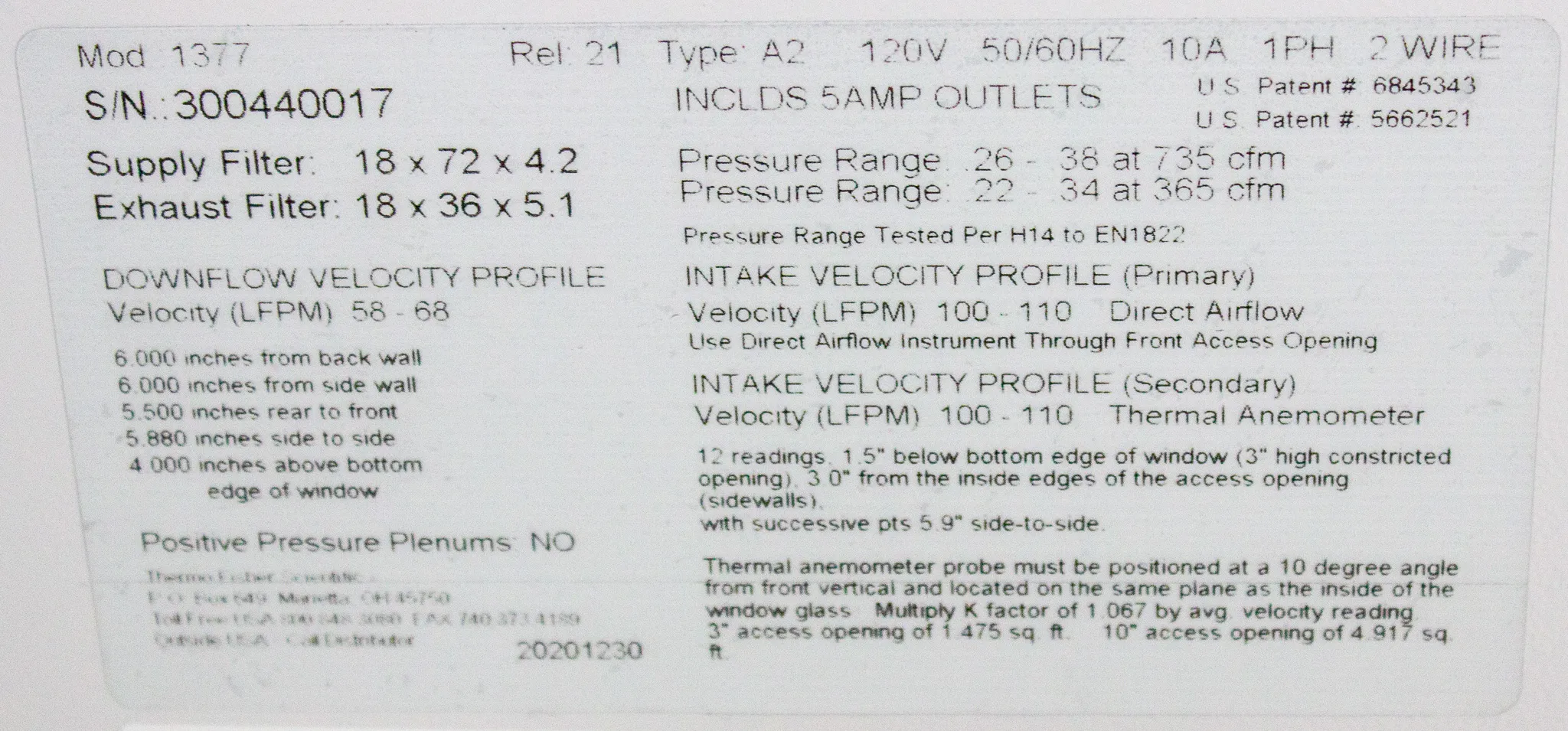 Thermo Scientific 1300 Series Class II, Type A2 Biological Safety Cabinet Model 1377