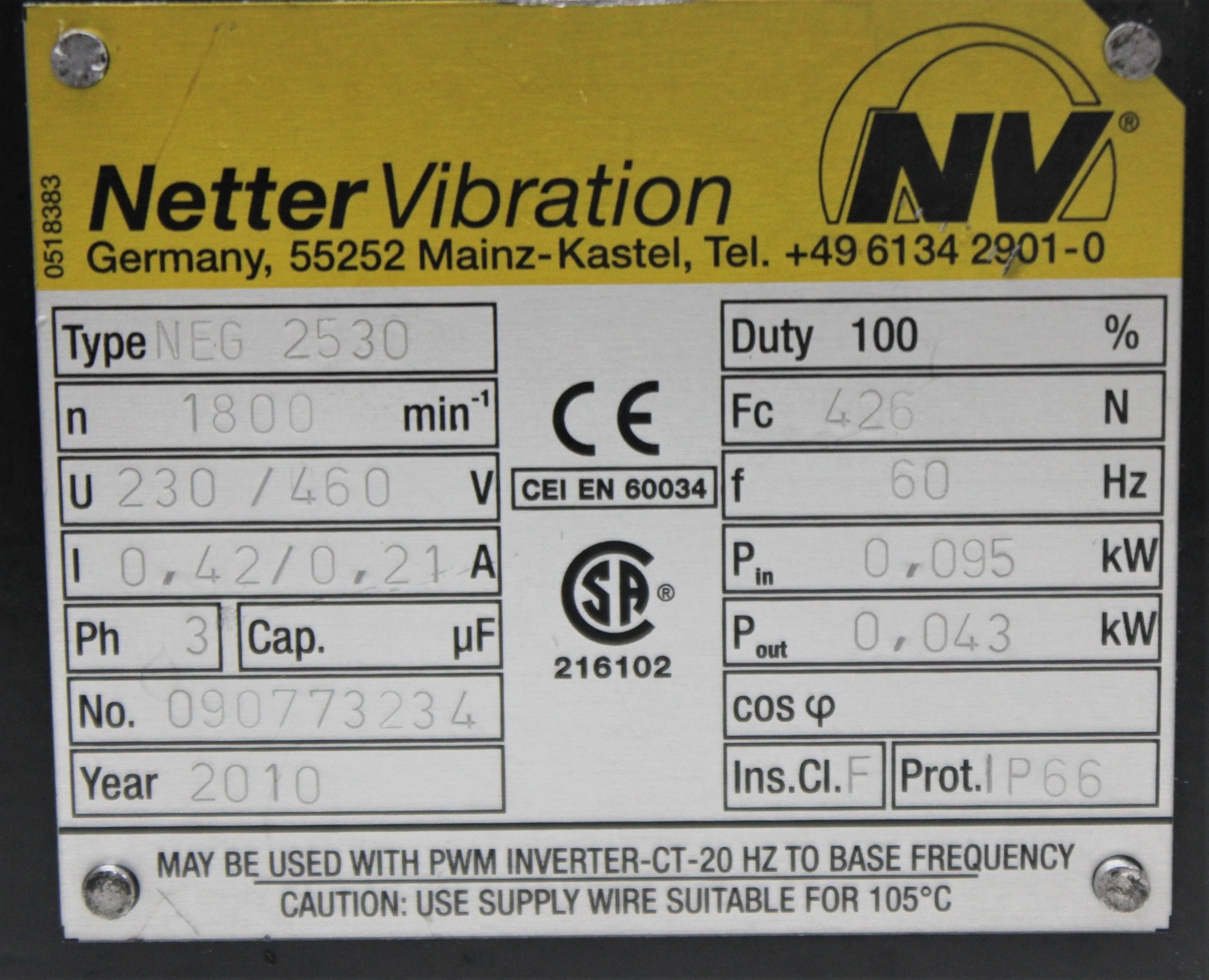 Martin Vibration Solutions NEG2530 Electric External Vibrator 230V 60Hz US - Used, Very Good Condition