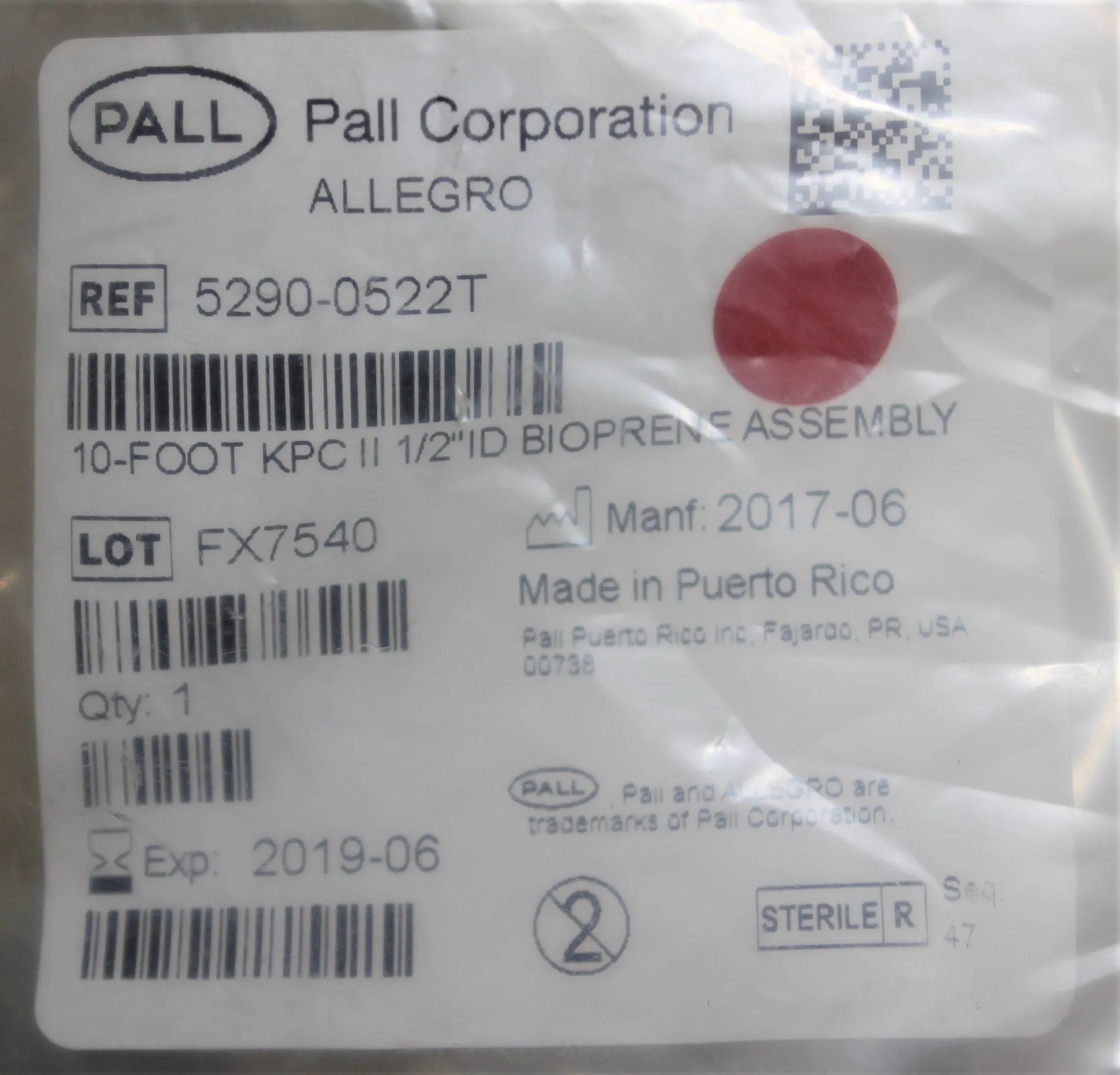 Pall Allegro 5290-0522T 10ft KPC II 1/2"ID Bioprene Assembly