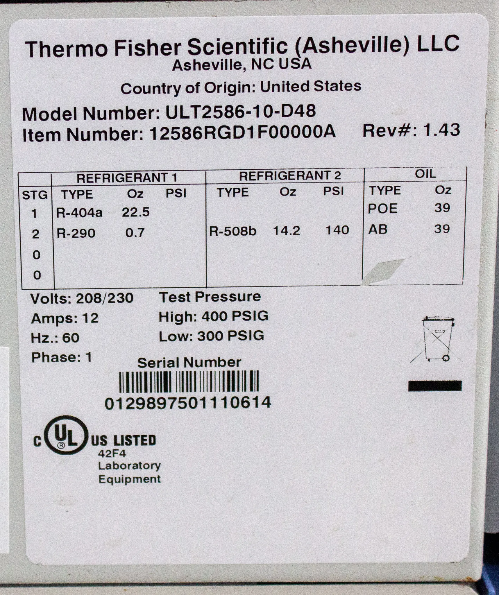 Thermo Scientific Revco Ultima Plus Ultra Low Temperature Freezer ULT2586-10-D48