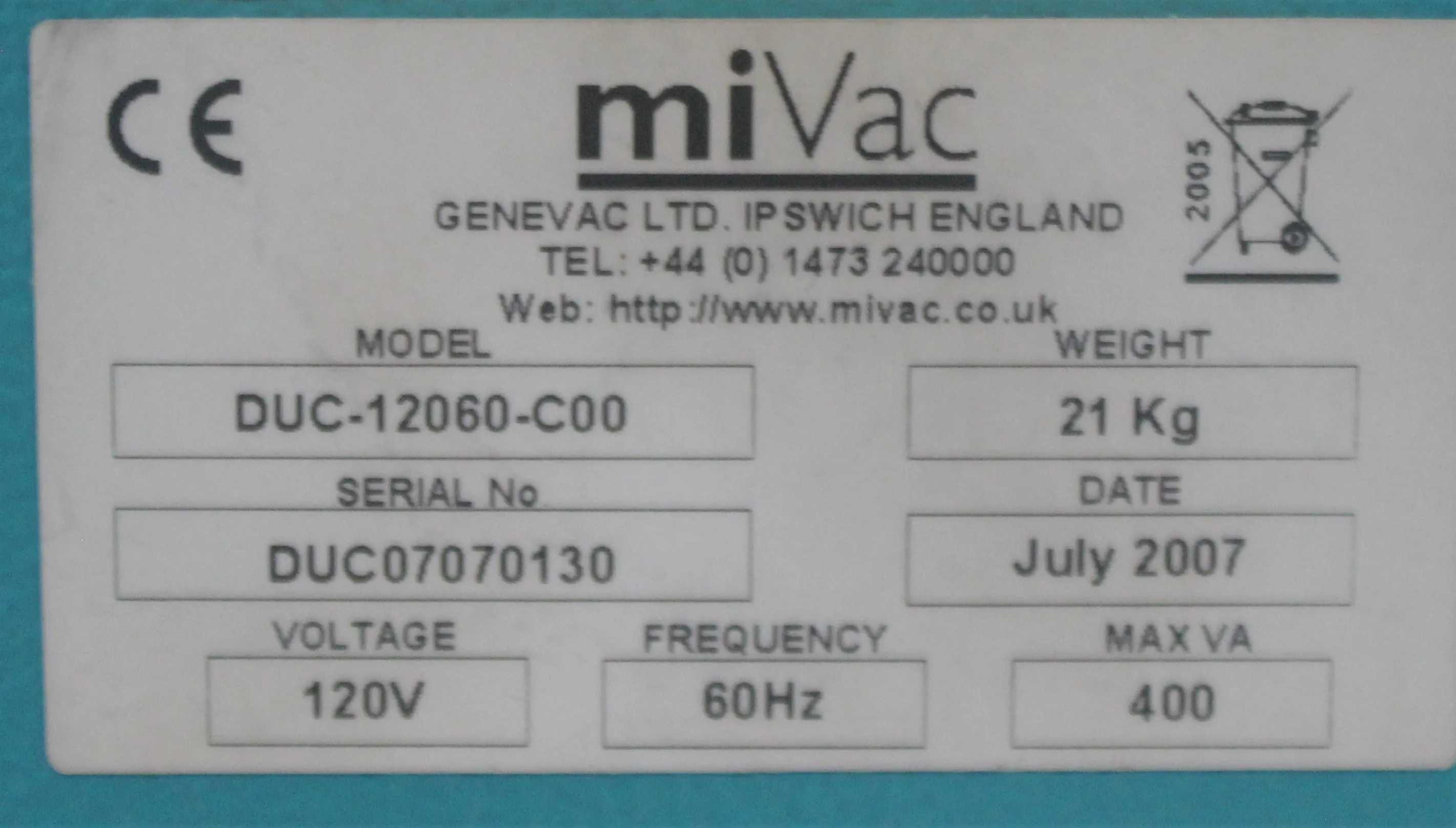 Genevac miVac Centrifugal Concentrators Class 2 Used 230V