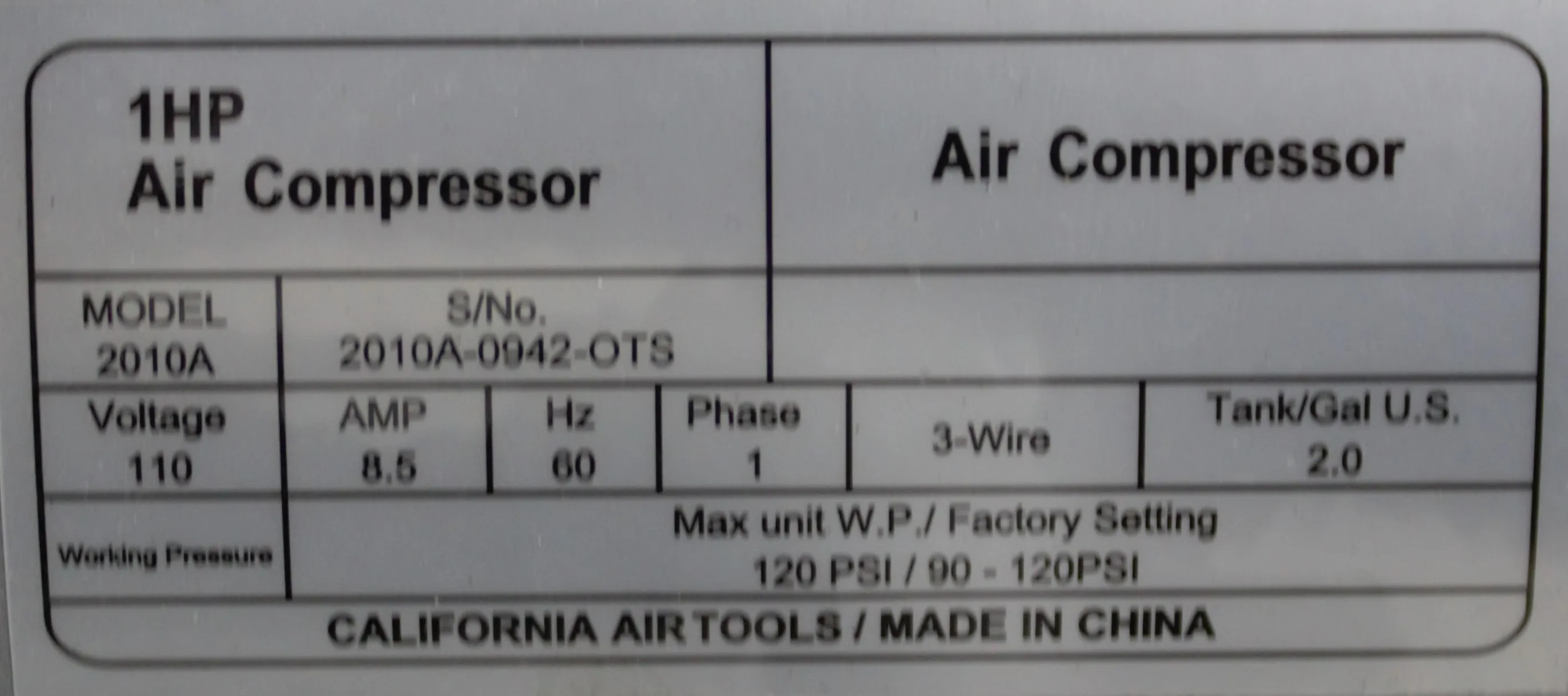 California Air Tools 2010A 1 HP 2 Gallon Ultra Quiet Air Compressor 120V 50/60Hz