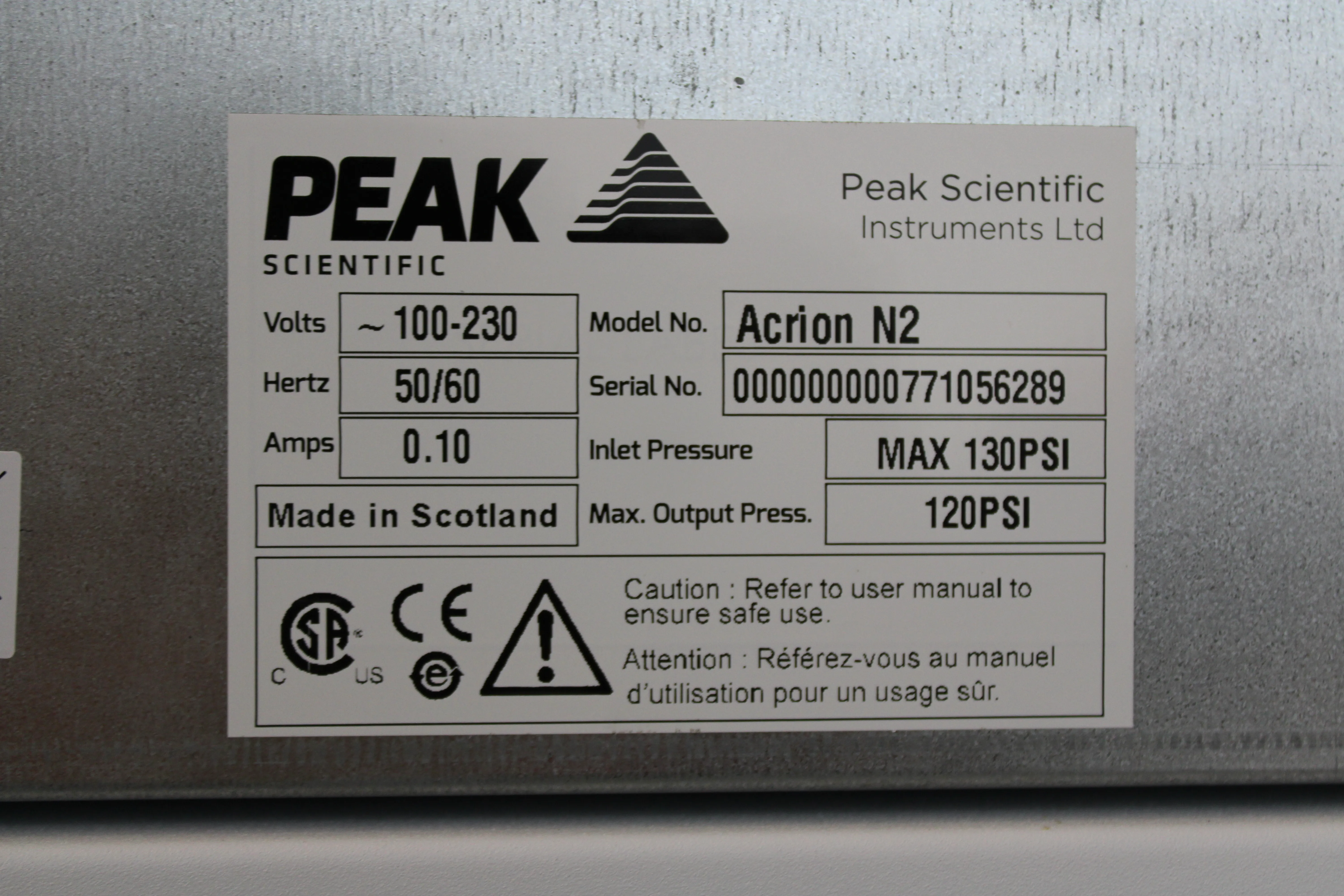 Used Peak Scientific Acrion N2 Nitrogen Generator & Acrion Air Compressor