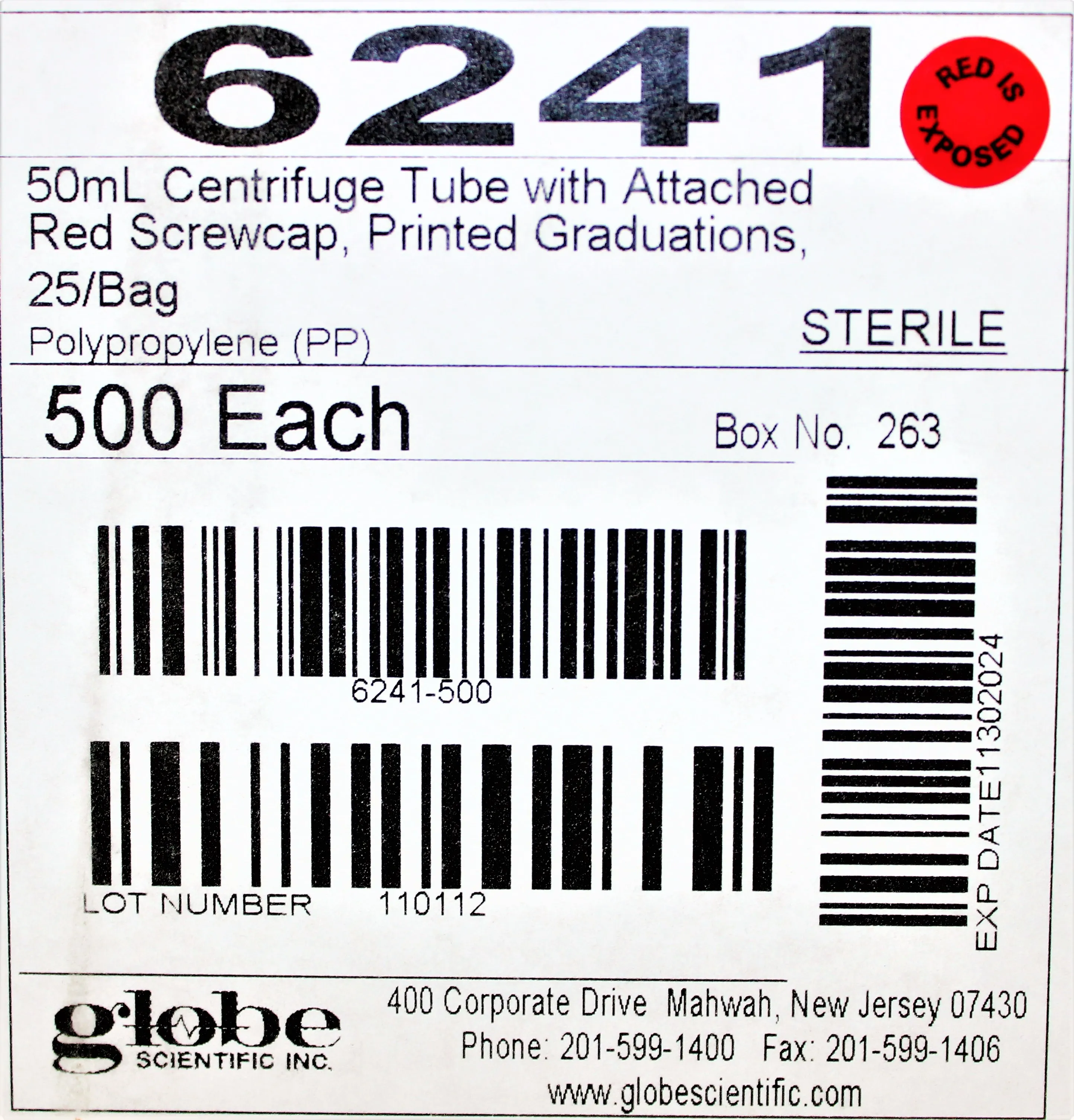 Globe Scientific 50mL Centrifuge Tube w/ Red Screwcap, 25/Bag & Cryo-tags-Labels