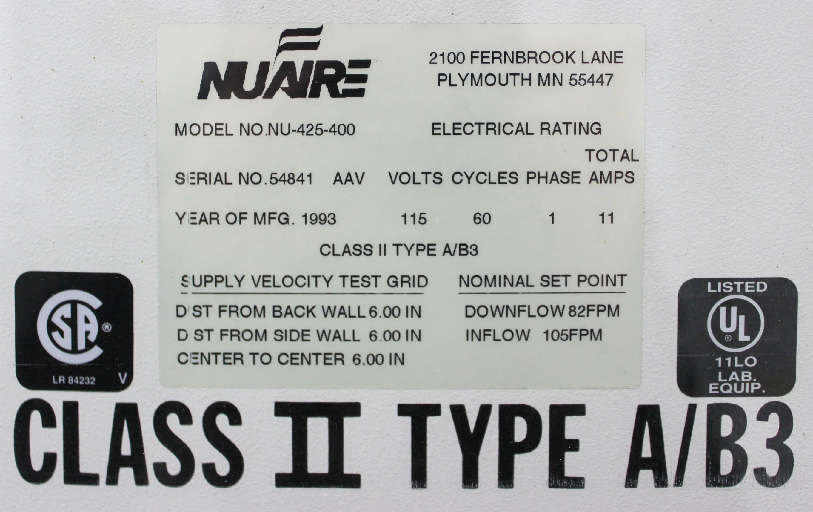 NuAire Class II Type A/B3 Laminar Flow Biological Safety Cabinet NU-425-400 Series-24