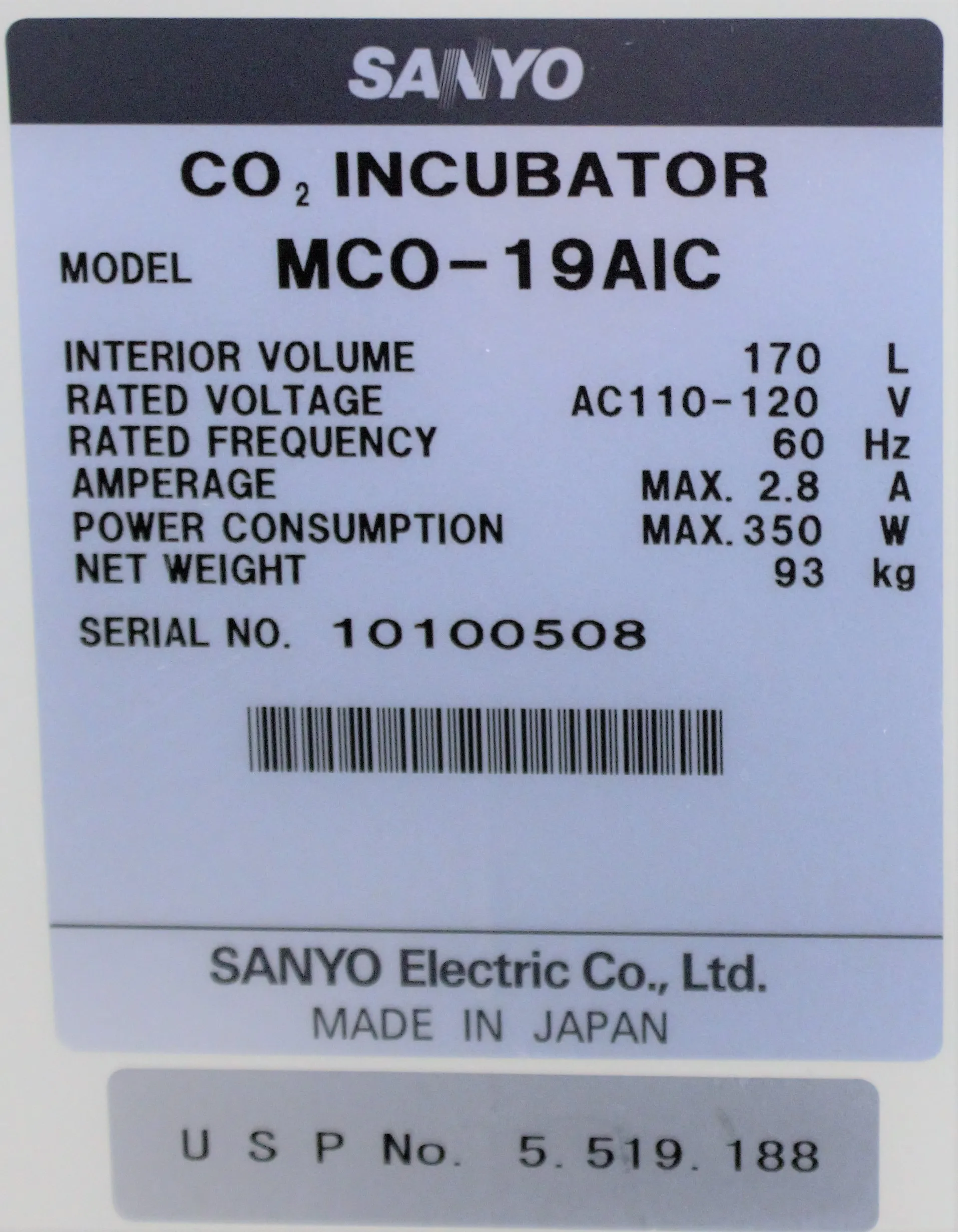 Sanyo MCO-19AIC(UV) CO2 Incubator 170L Used, Very Good Condition