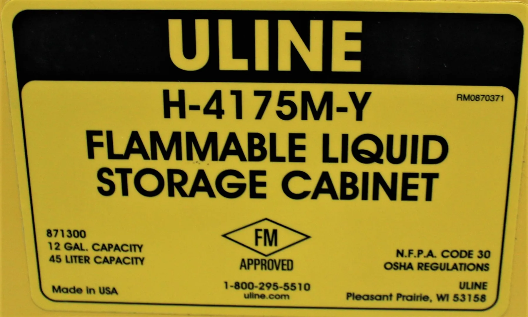 Used Uline H-41775M-Y Flammable Cabinet Class 2 RM0870371 12 Gal Cap