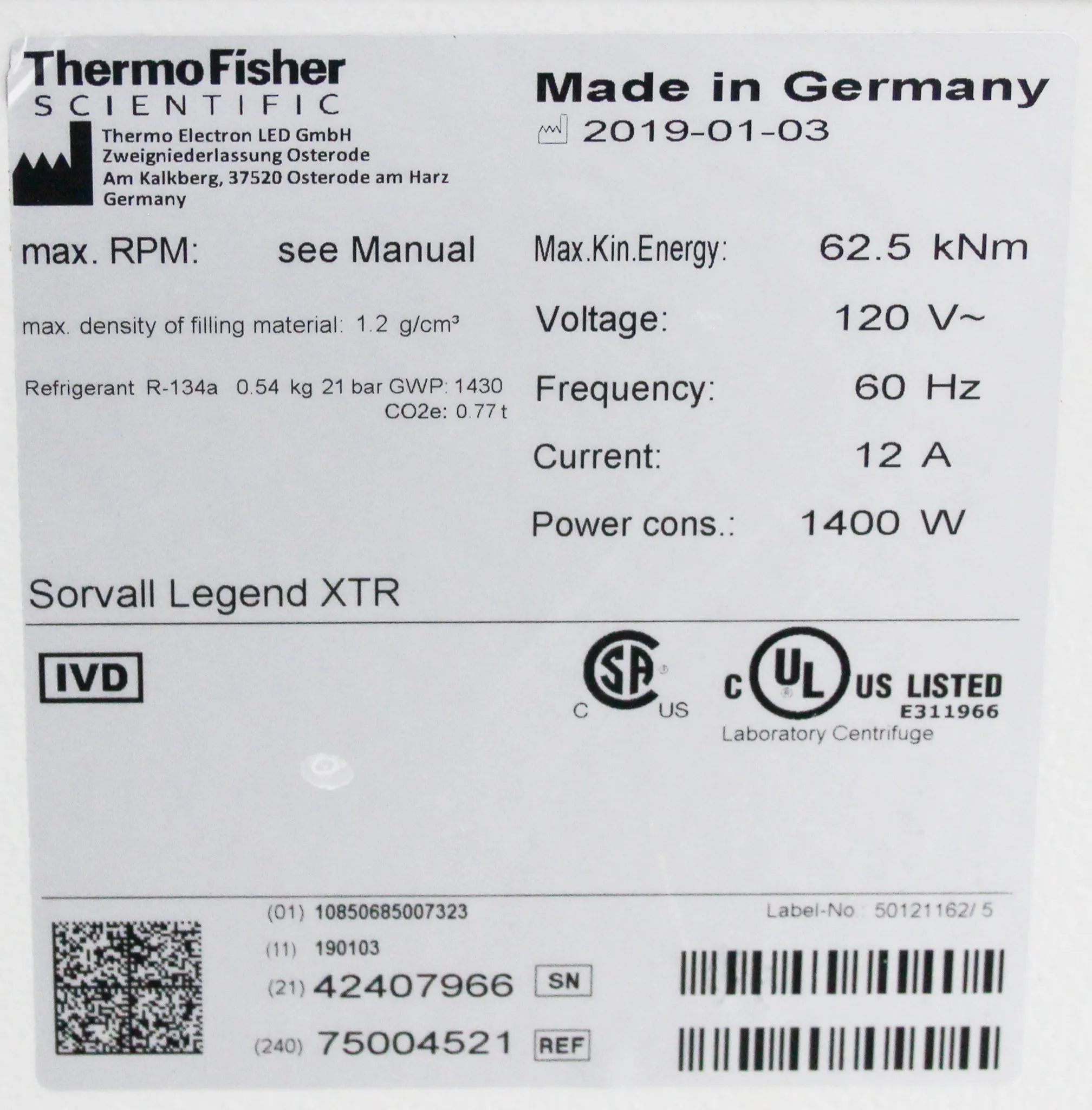 Thermo Fisher Scientific Sorvall Legend XTR Refrigerated Benchtop Centrifuge